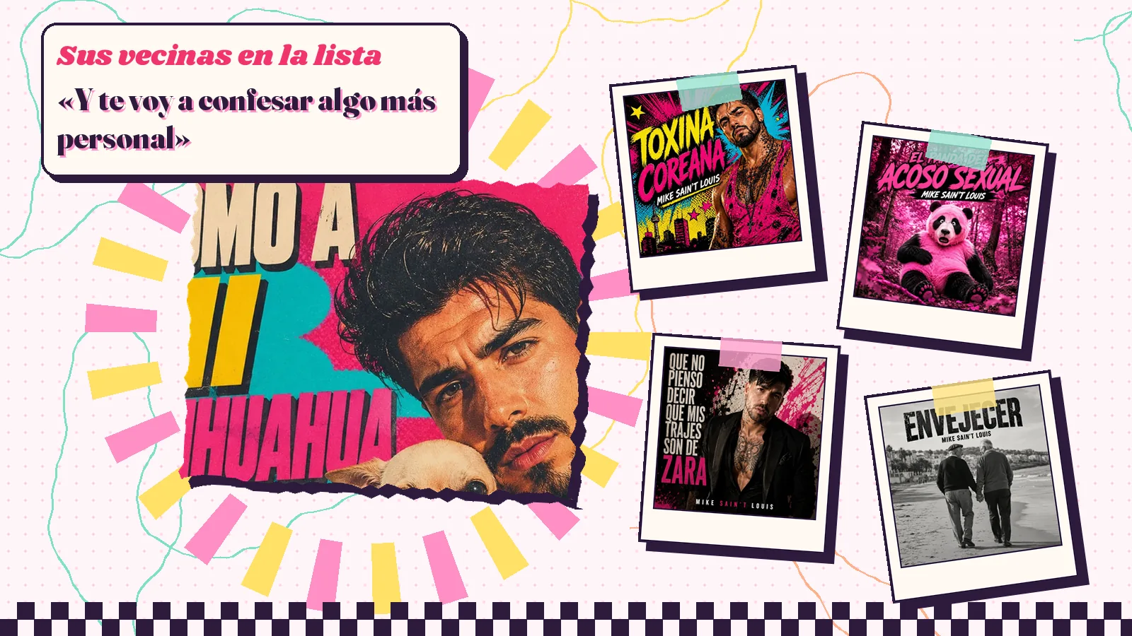 Collage con un detalle de la carátula de «Como a mi chihuahua» y las carátulas de «Toxina coreana», «El panda del acoso sexual», «¡Que no pienso decir que mis trajes son de Zara!», «Envejecer»