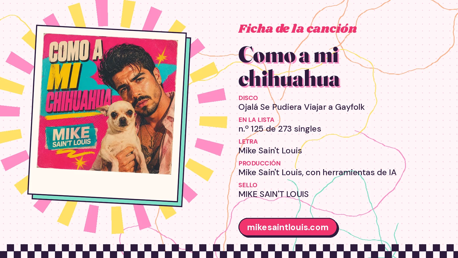 Ficha de la canción «Como a mi chihuahua» con su carátula: disco «Ojalá Se Pudiera Viajar a Gayfolk», letra y producción de Mike Sain't Louis