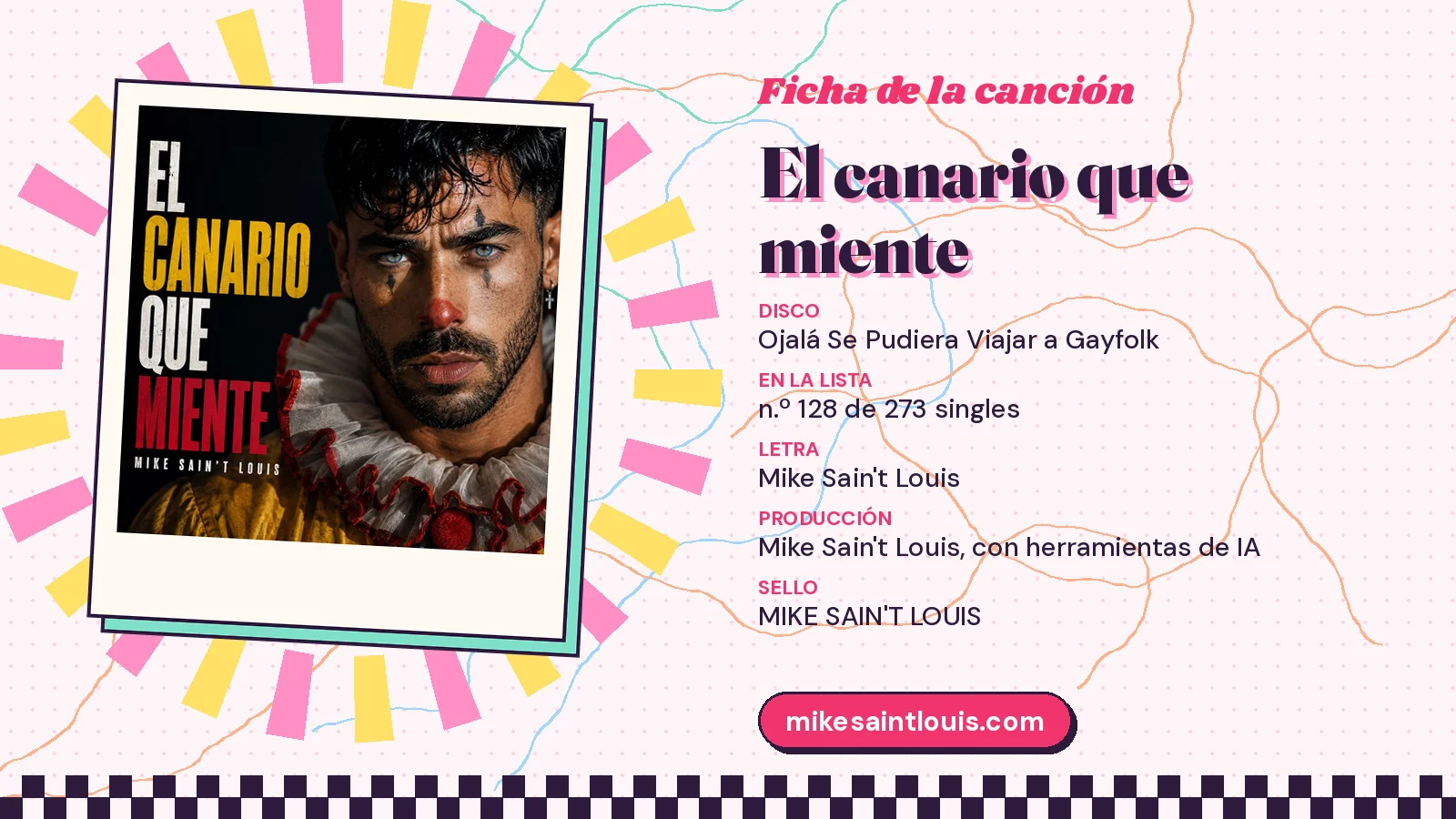 Ficha de la canción «El canario que miente» con su carátula: disco «Ojalá Se Pudiera Viajar a Gayfolk», letra y producción de Mike Sain't Louis