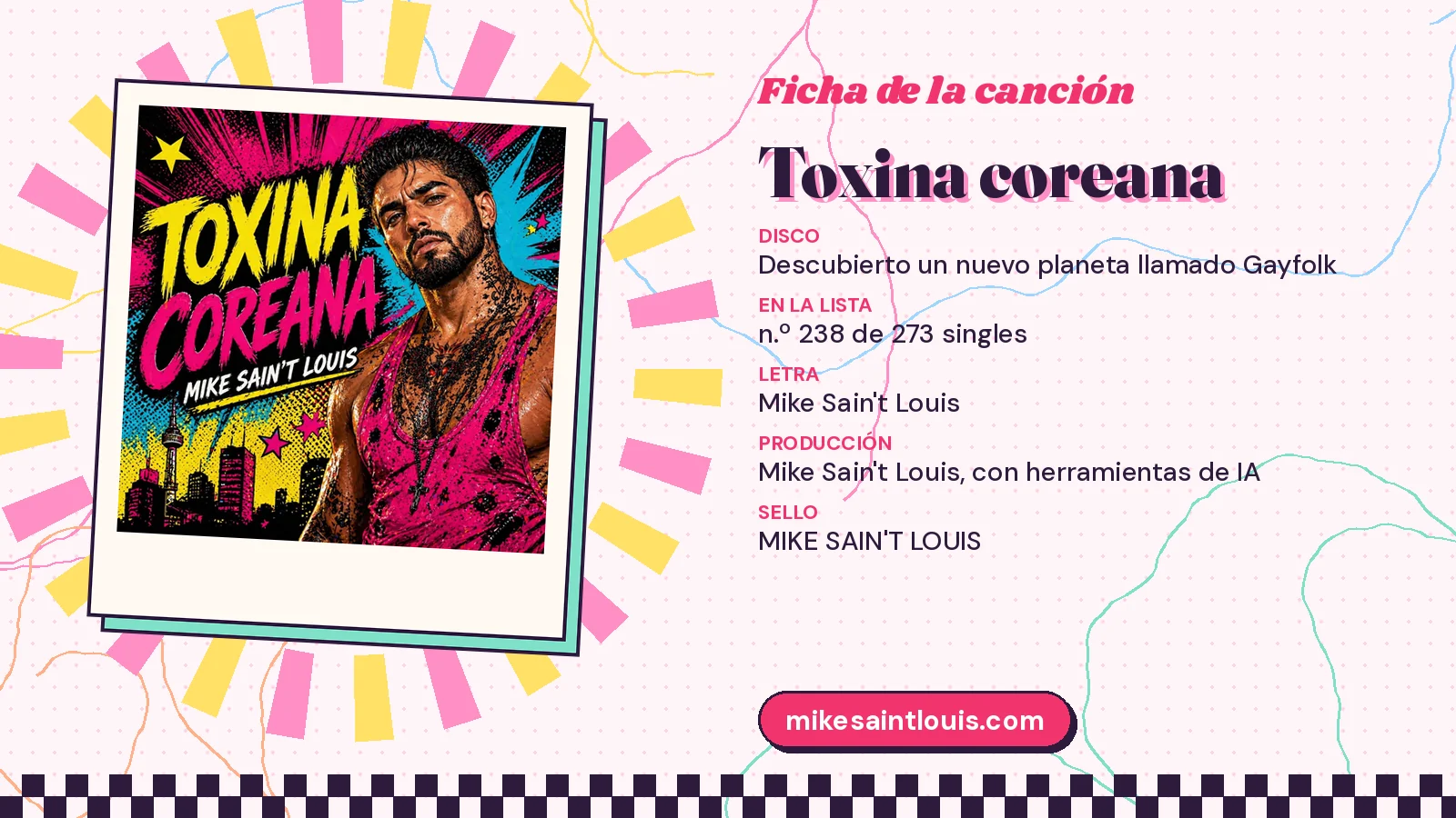 Ficha de la canción «Toxina coreana» con su carátula: disco «Descubierto un nuevo planeta llamado Gayfolk», letra y producción de Mike Sain't Louis