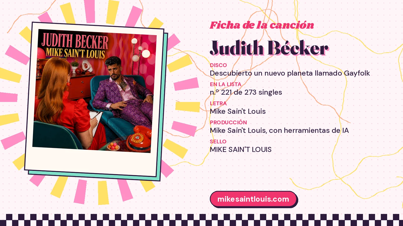 Ficha de la canción «Judith Bécker» con su carátula: disco «Descubierto un nuevo planeta llamado Gayfolk», letra y producción de Mike Sain't Louis