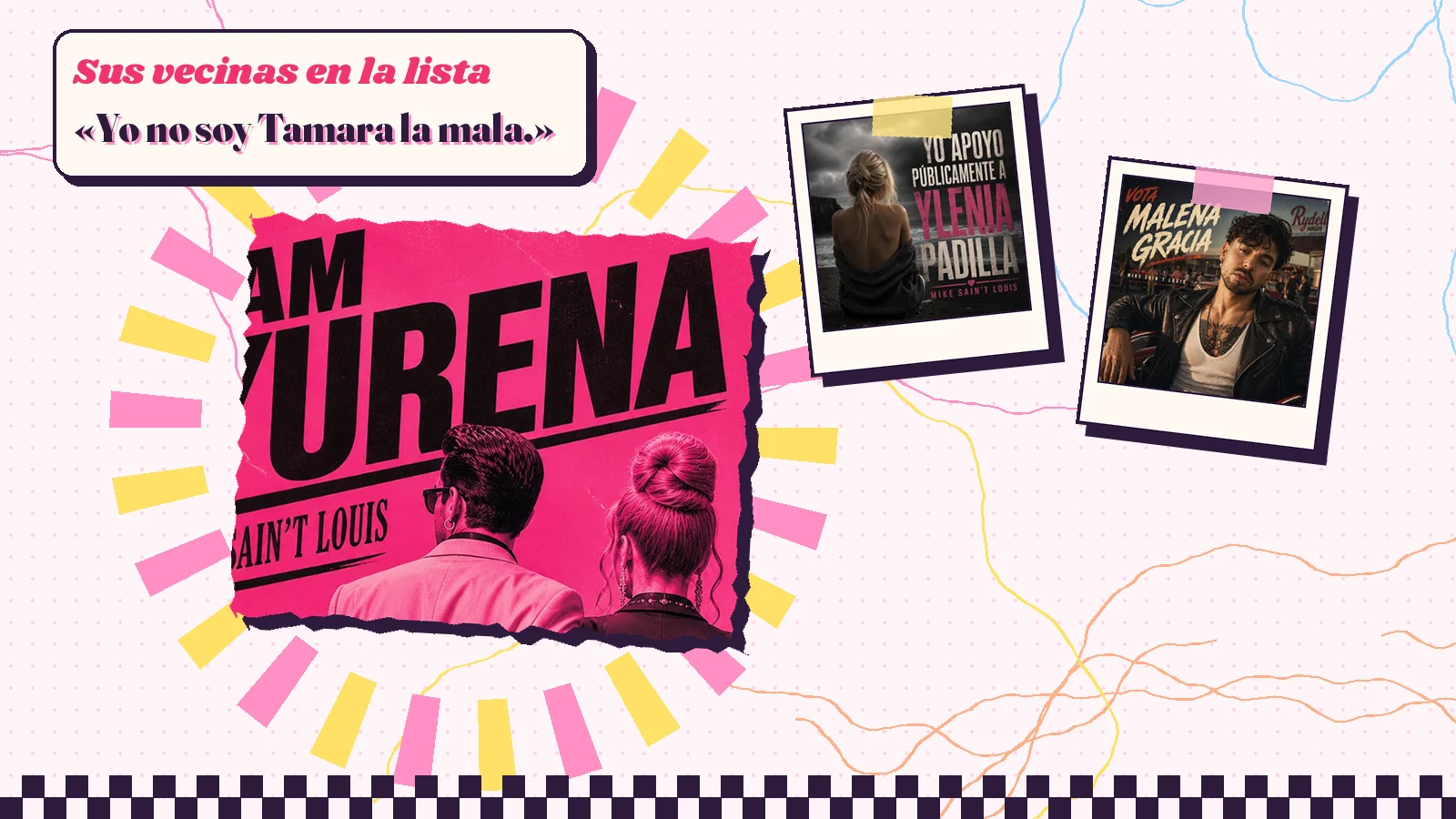Collage con un detalle de la carátula de «I Am Yurena» y las carátulas de «Yo apoyo públicamente a Ylenia Padilla», «Vota Malena Gracia»