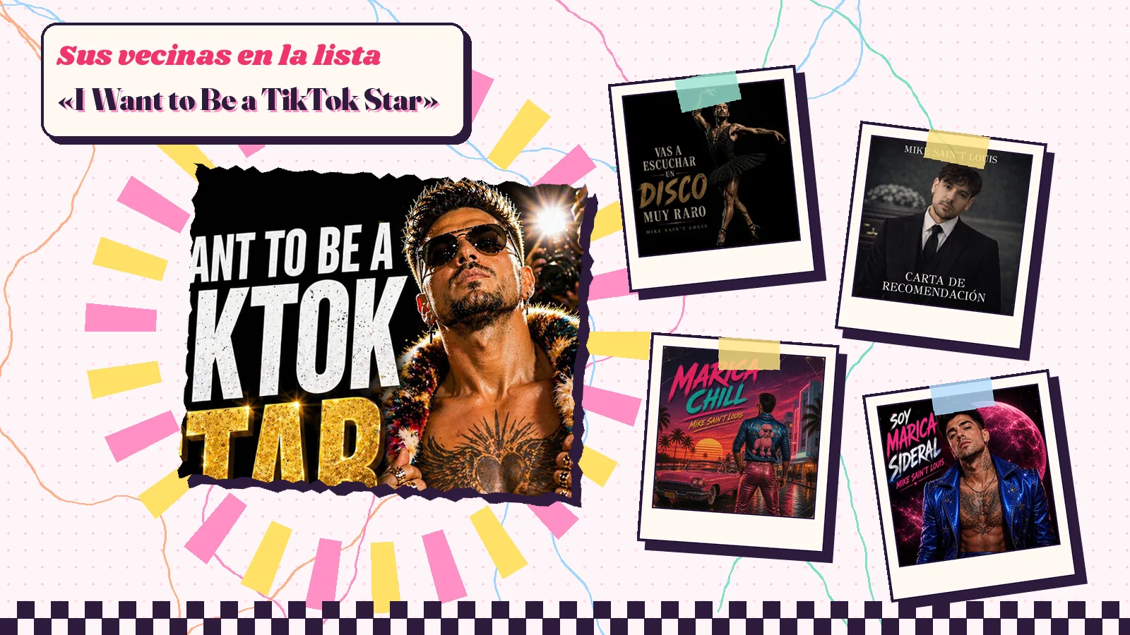 Collage con un detalle de la carátula de «I Want to Be a TikTok Star» y las carátulas de «Vas a escuchar un disco muy raro», «Carta de recomendación», «Marica Chill», «Soy marica sideral»