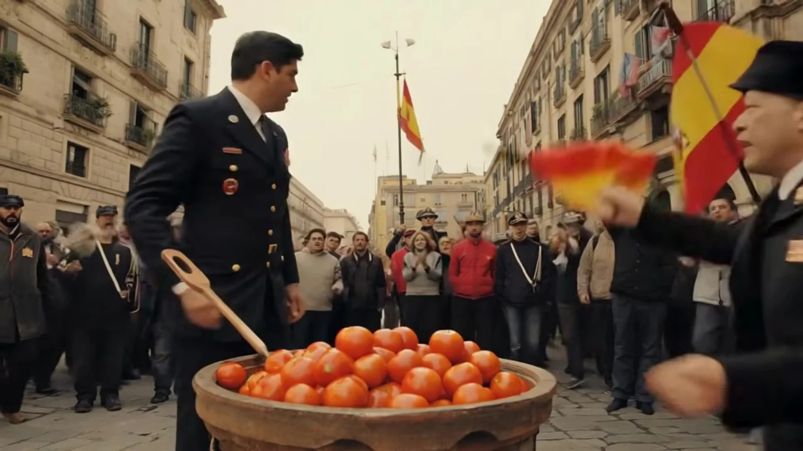 Fotograma del videoclip de «Un político español»: un hombre con uniforme azul marino y un cucharón de madera junto a un barreño lleno de tomates, en una plaza con banderas y mucha gente detrás
