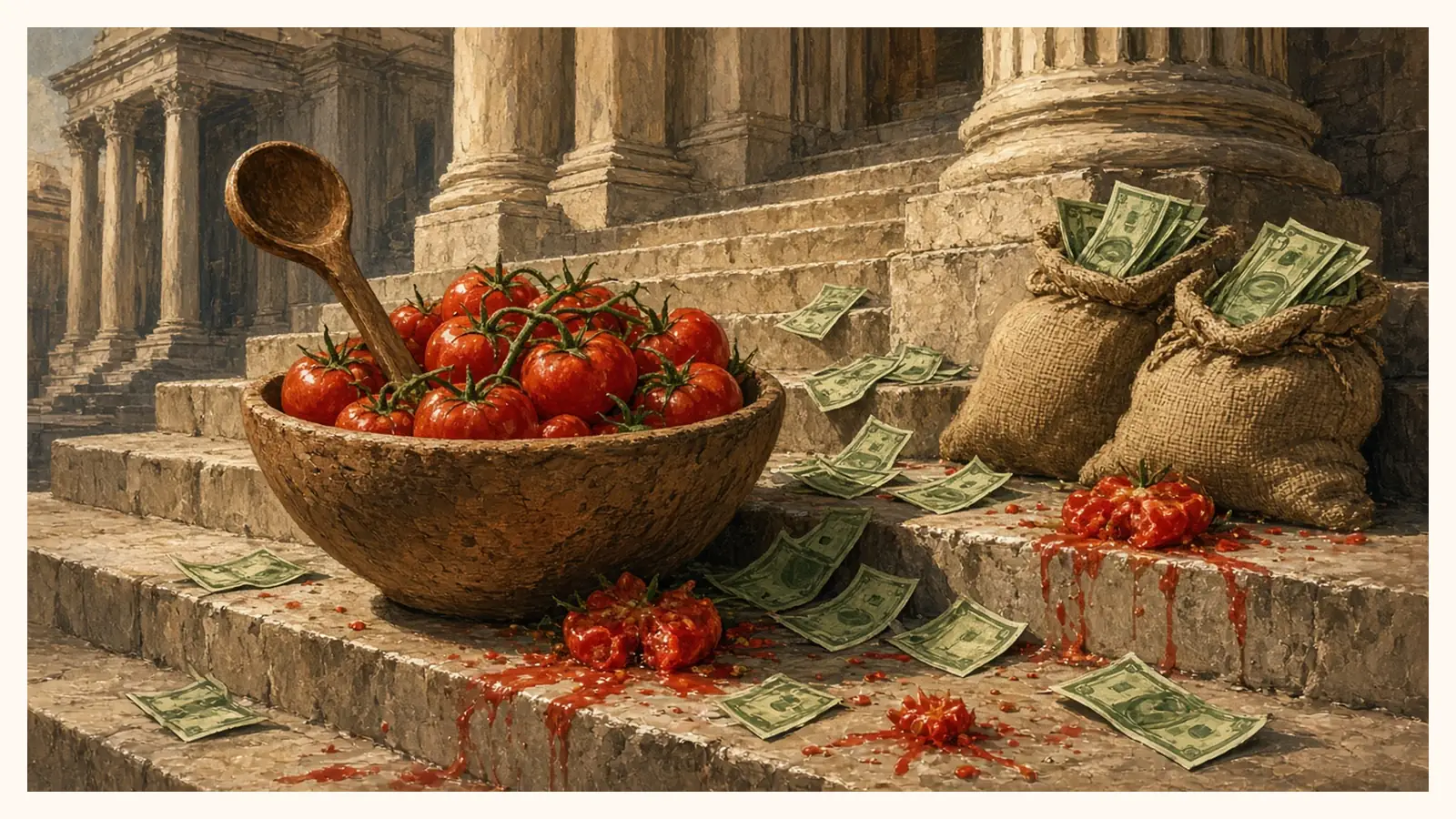 Ilustración sin personas: un barreño de barro lleno de tomates con un cucharón de madera, sacos de arpillera con billetes y tomates reventados sobre la escalinata de un edificio con columnas