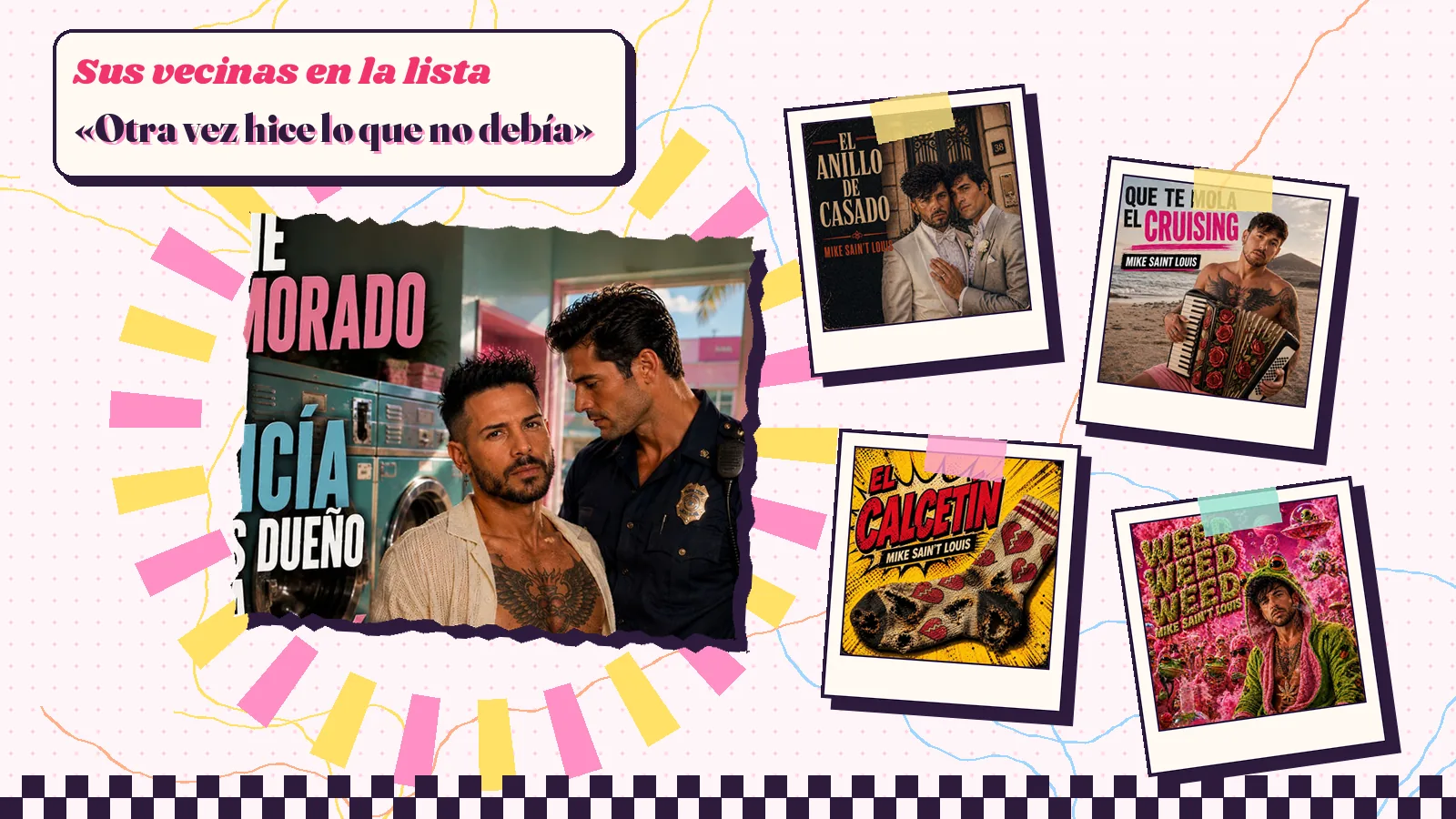 Collage con un detalle de la carátula de «Me he enamorado de un policía que es dueño de una lavandería» y las carátulas de «El anillo de casado», «Que te mola el cruising», «El calcetín», «Weed, weed, weed»
