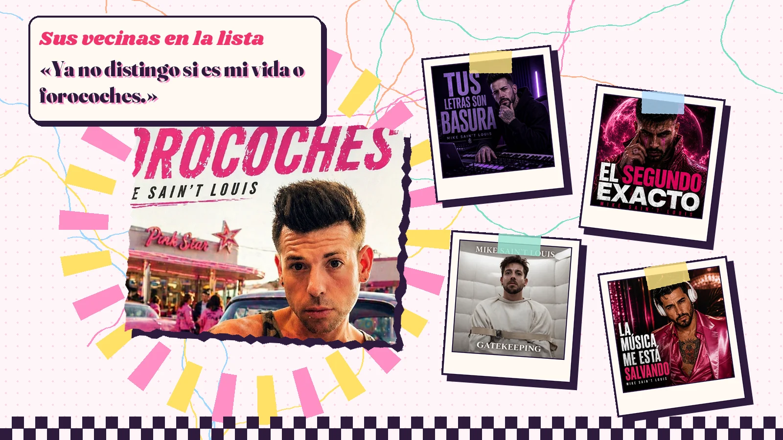 Collage con un detalle de la carátula de «Forocoches» y las carátulas de «Tus letras son basura», «El segundo exacto», «Gatekeeping», «La música me está salvando»