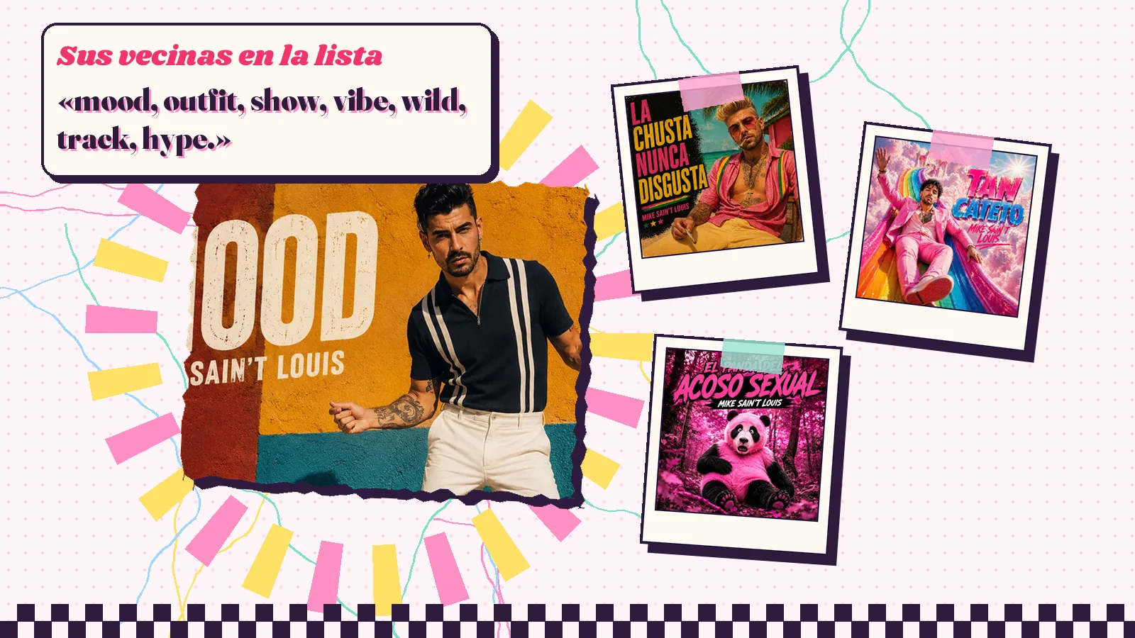 Collage con un detalle de la carátula de «Mood» y las carátulas de «La chusta nunca disgusta», «Tan cateto», «El Panda del acoso sexual»