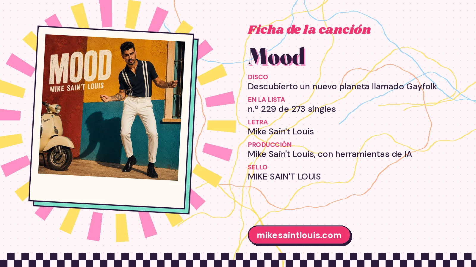 Ficha de la canción «Mood» con su carátula: disco «Descubierto un nuevo planeta llamado Gayfolk», letra y producción de Mike Sain't Louis