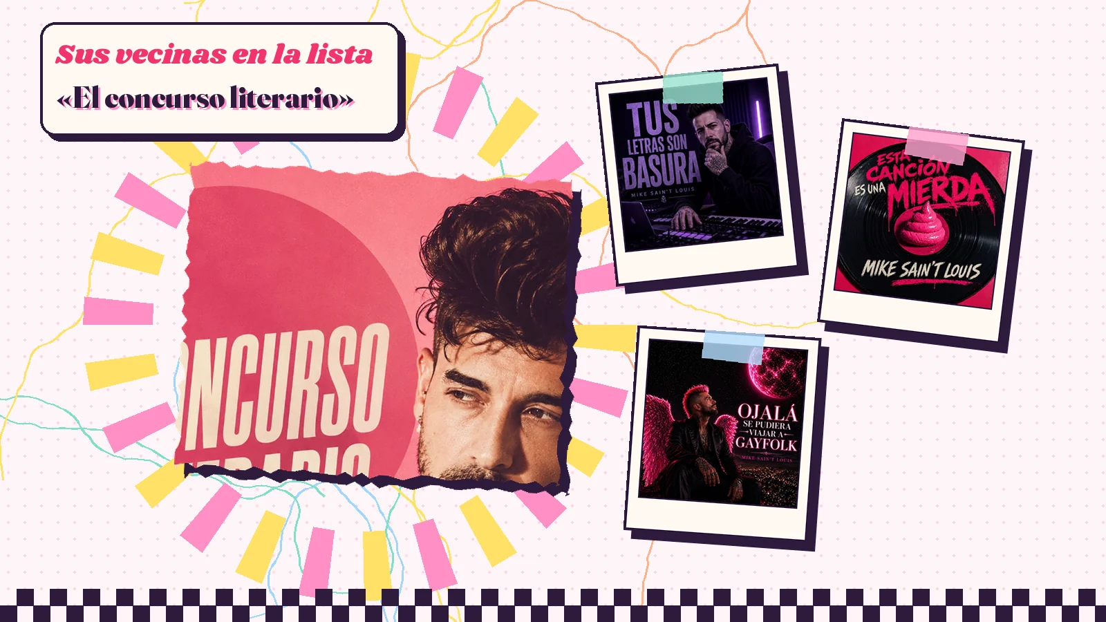 Collage con un detalle de la carátula de «El concurso literario» y las carátulas de «Tus letras son basura», «Esta canción es una mierda», «Ojalá se pudiera viajar a Gayfolk»
