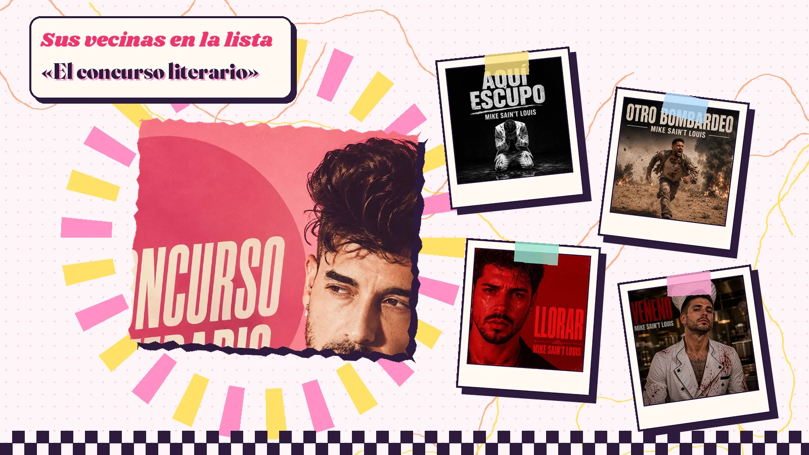 Collage con un detalle de la carátula de «El concurso literario» y las carátulas de «Aquí Escupo», «Otro Bombardeo», «Llorar», «Veneno»