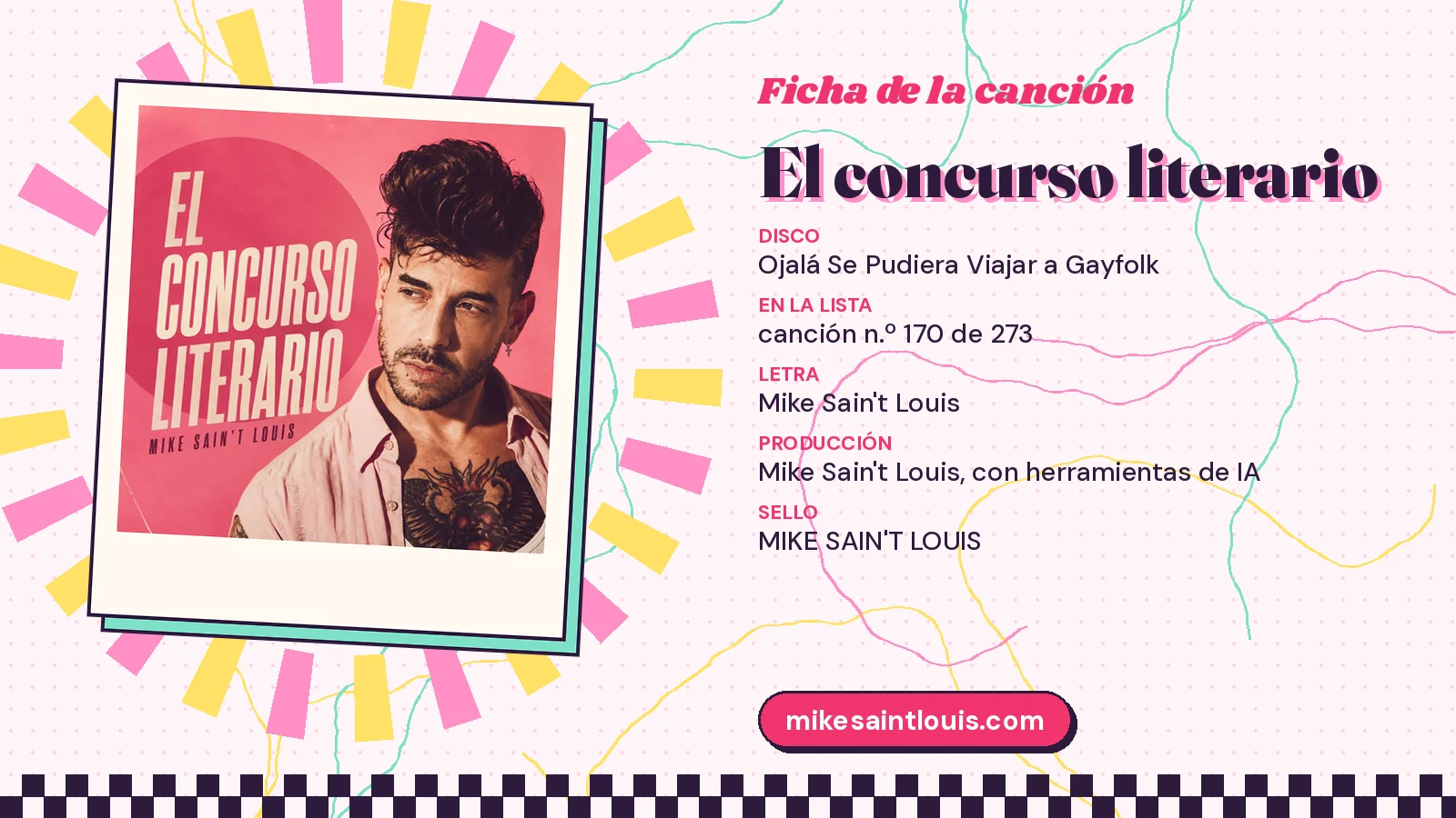 Ficha de la canción «El concurso literario» con su carátula: disco «Ojalá Se Pudiera Viajar a Gayfolk», letra y producción de Mike Sain't Louis