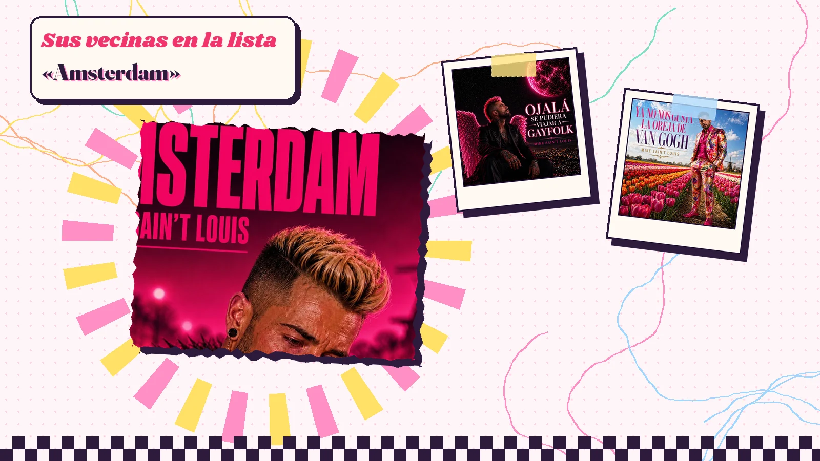 Collage con un detalle de la carátula de «Amsterdam» y las carátulas de «Ojalá se pudiera viajar a Gayfolk», «Ya no nos gusta la oreja de Van Gogh»