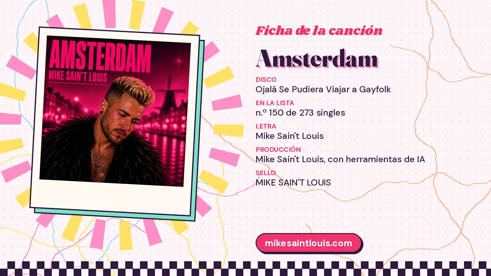 Ficha de la canción «Amsterdam» con su carátula: disco «Ojalá Se Pudiera Viajar a Gayfolk», letra y producción de Mike Sain't Louis