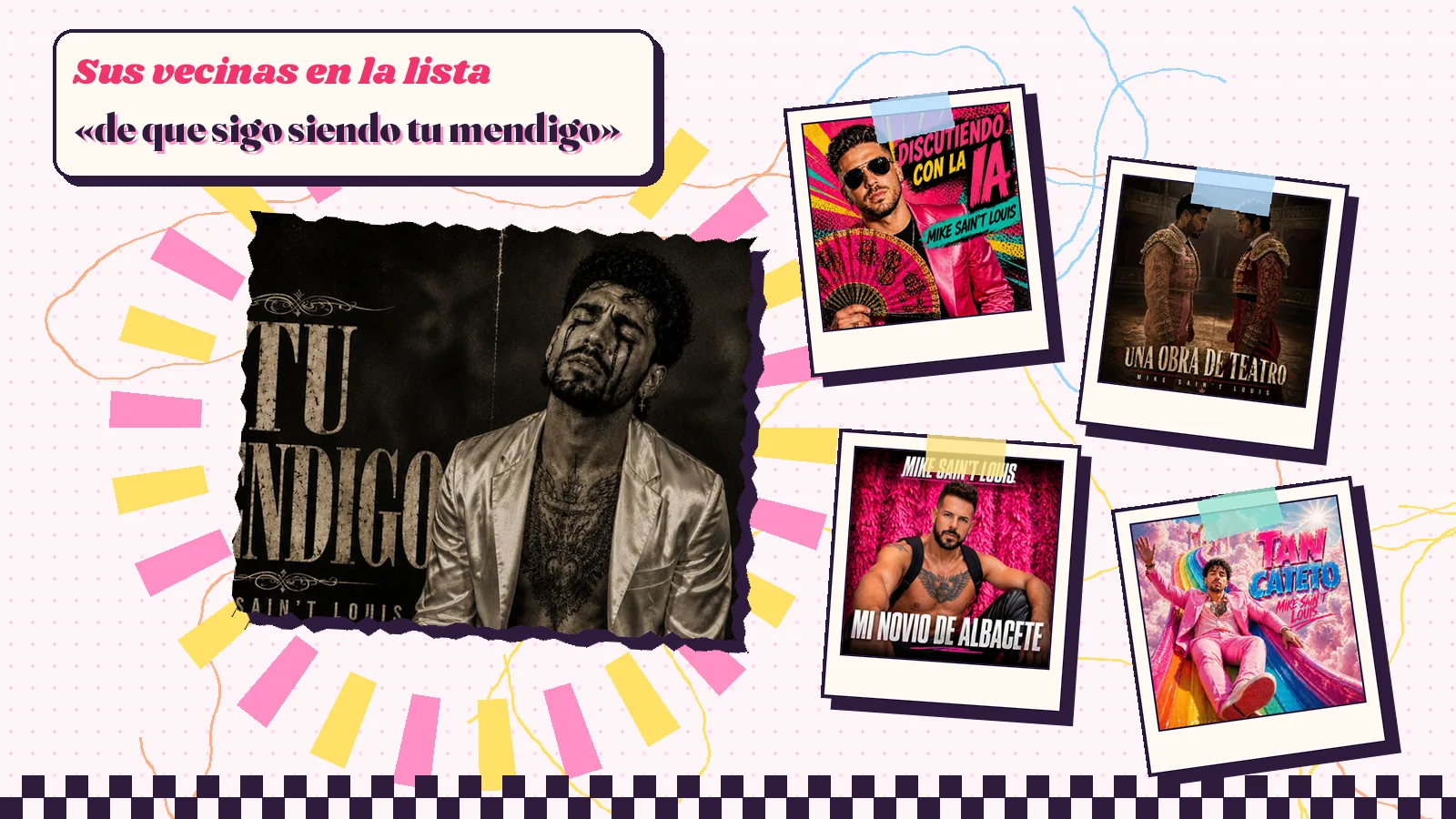 Collage con un detalle de la carátula de «Tu mendigo» y las carátulas de «Discutiendo con la IA», «Una obra de teatro», «Mi novio de Albacete», «Tan cateto»