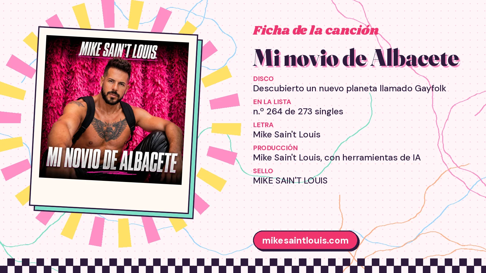Ficha de la canción «Mi novio de Albacete» con su carátula: disco «Descubierto un nuevo planeta llamado Gayfolk», letra y producción de Mike Sain't Louis