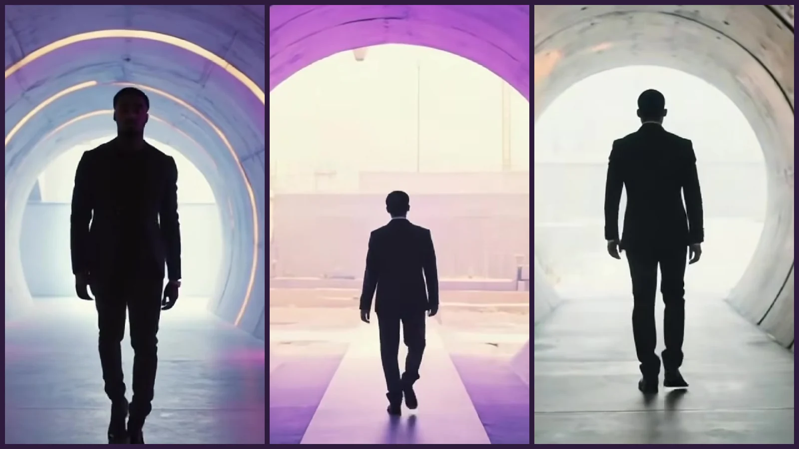 Tira de tres fotogramas del videoclip de «Zee-Zee»: la silueta de un hombre de traje recorre un túnel de aros naranjas, un túnel morado y un túnel gris de hormigón hacia una salida de luz