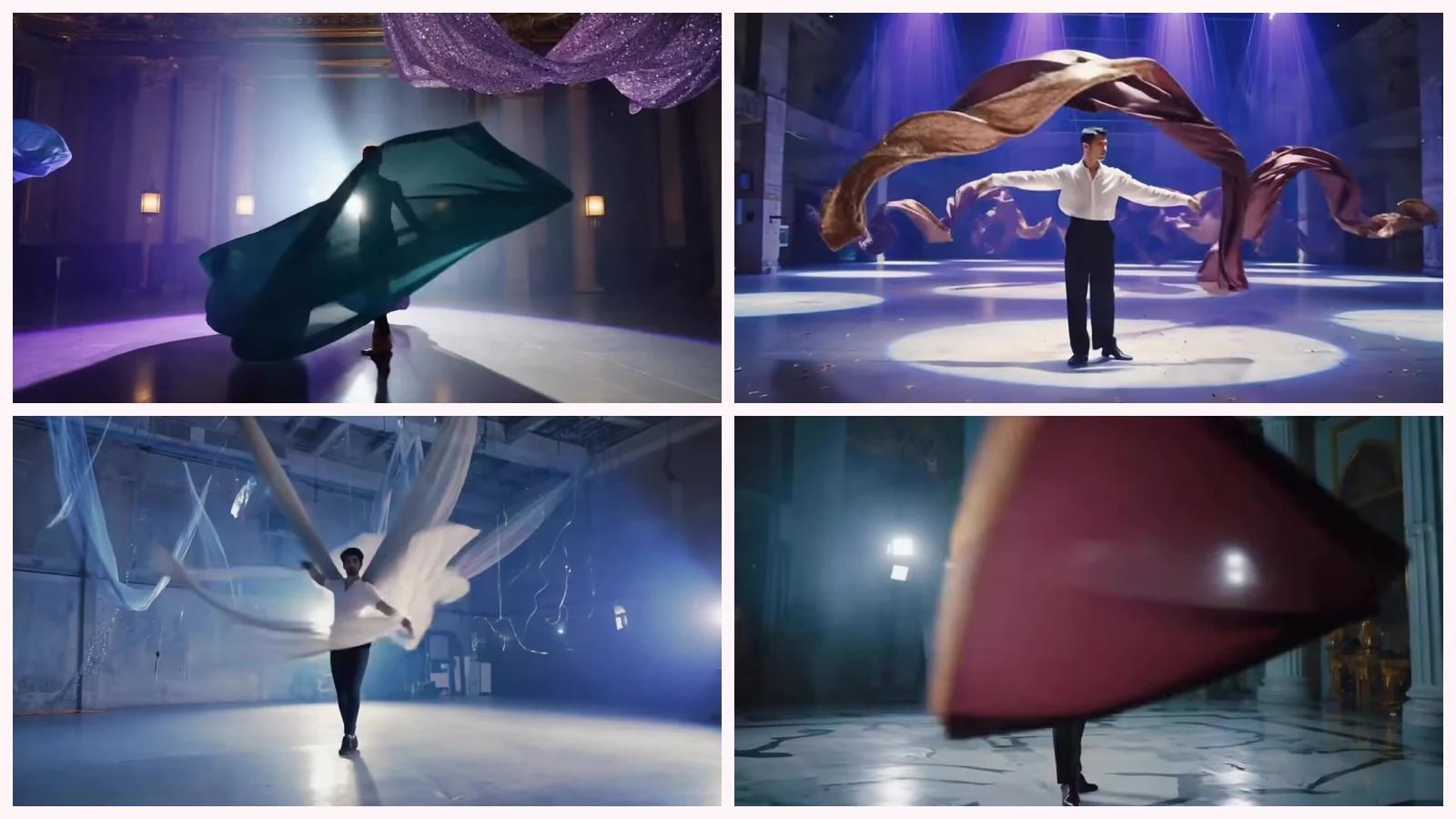 Mosaico de cuatro fotogramas del videoclip de «Zee-Zee»: una seda verde que gira en un salón de palacio, un hombre de camisa blanca entre cintas de bronce, gasas blancas en un almacén azul y una tela granate desenfocada que tapa la cámara