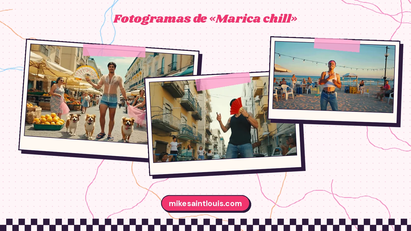 Tres fotogramas del videoclip de «Marica chill»: un chico con camiseta transparente pasea por un mercado de fruta con tres perros, otro levanta un abanico rojo en una calle de balcones y un tercero baila en un chiringuito de playa con guirnaldas