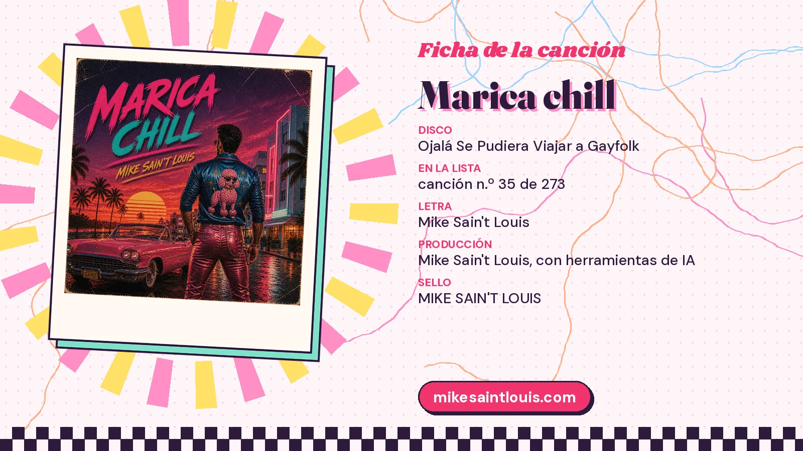 Ficha de «Marica chill» con su portada de atardecer rosa y descapotable, el segundo disco y el puesto 35 de 273 en la lista de canciones