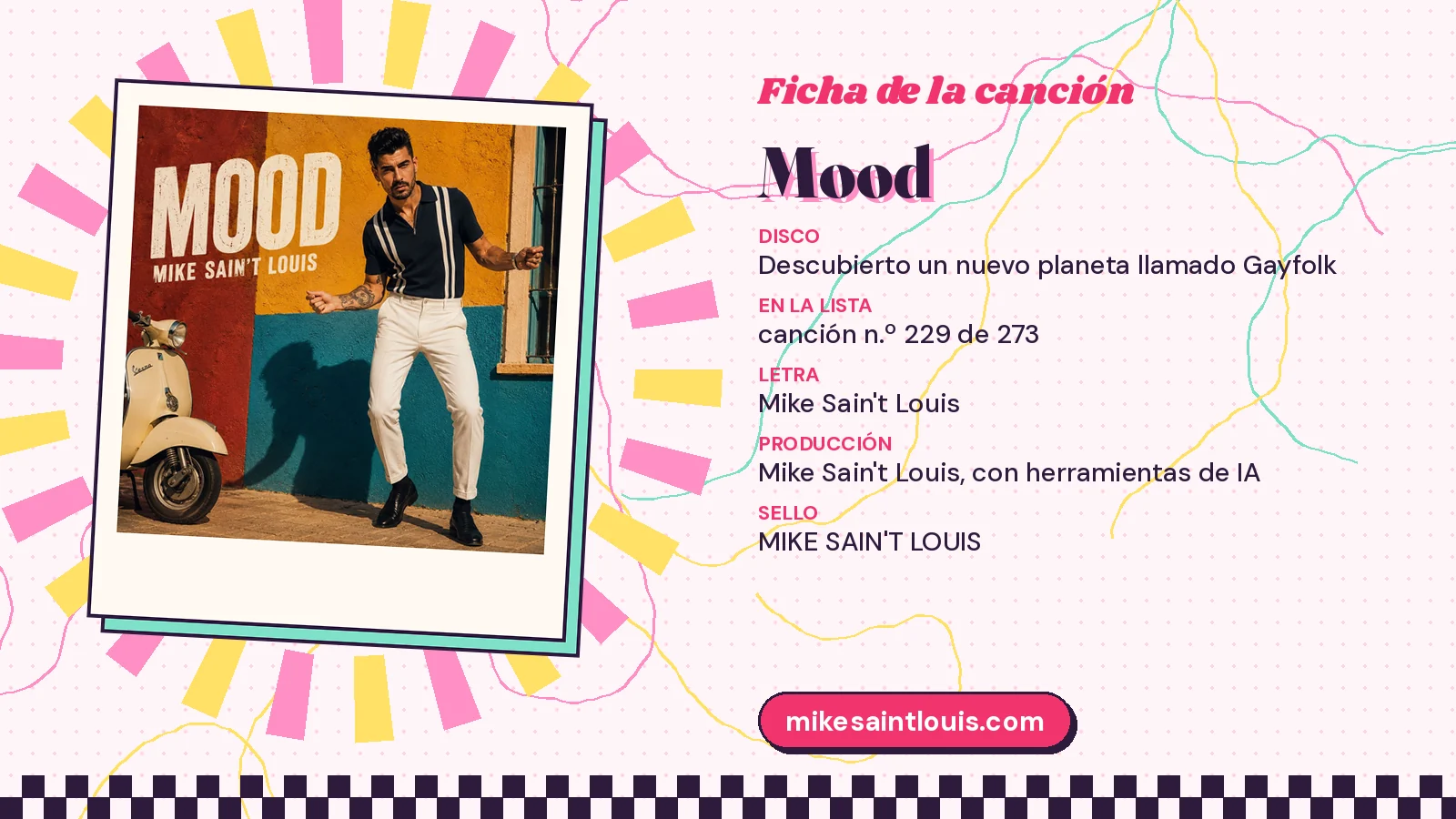 Ficha de la canción «Mood» con su carátula: disco «Descubierto un nuevo planeta llamado Gayfolk», letra y producción de Mike Sain't Louis