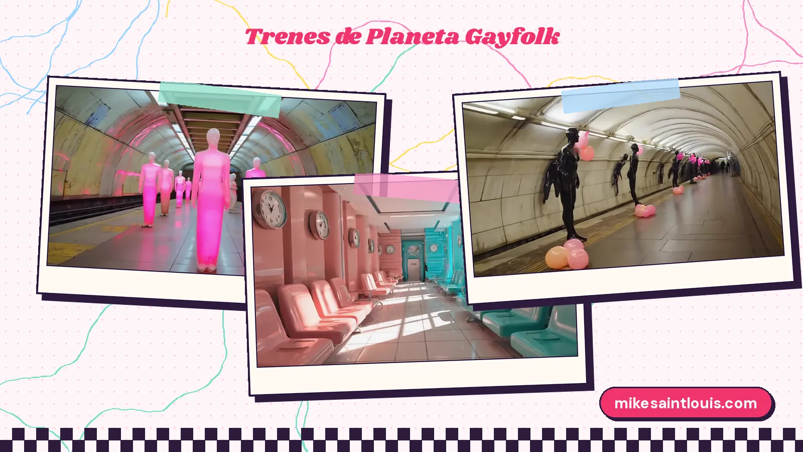 Tres fotogramas del videoclip de «Contact Overwhelms Me»: un andén de metro con maniquíes rosas sin rostro, una sala de espera con butacas salmón y turquesa y relojes en la pared, y un túnel con siluetas negras y globos rosas por el suelo