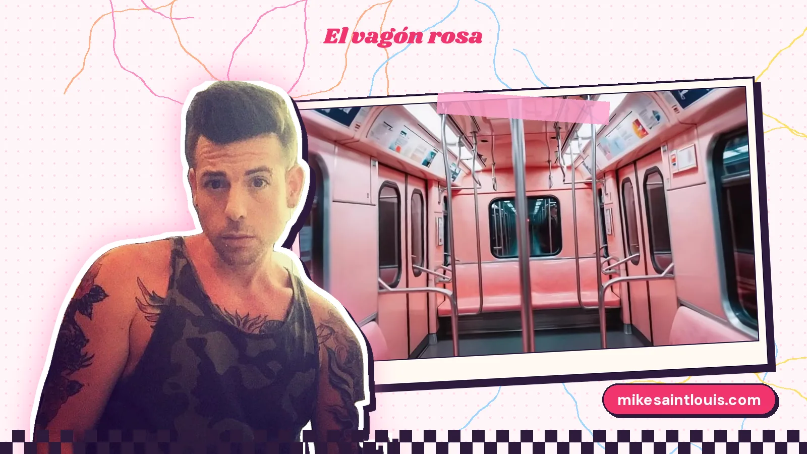 Foto de Mike Sain't Louis con camiseta de tirantes junto a un fotograma de «Contact Overwhelms Me»: un vagón de metro rosa con todos los asientos vacíos