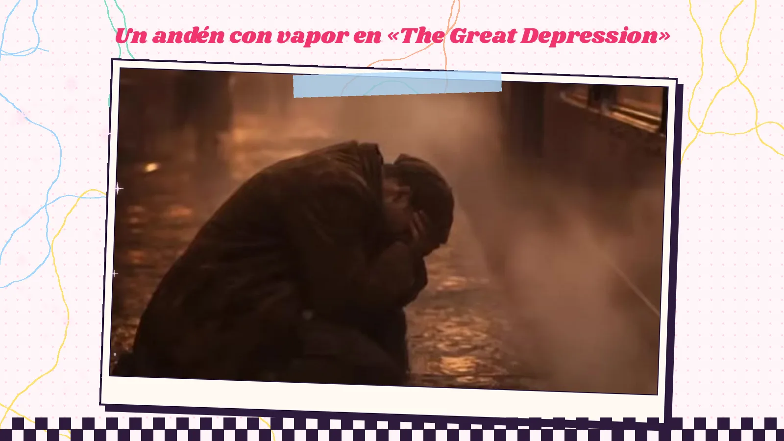 Fotograma de «The Great Depression» en tonos sepia: una figura encogida de rodillas en un andén, con la cabeza entre las manos, envuelta en el vapor de un tren