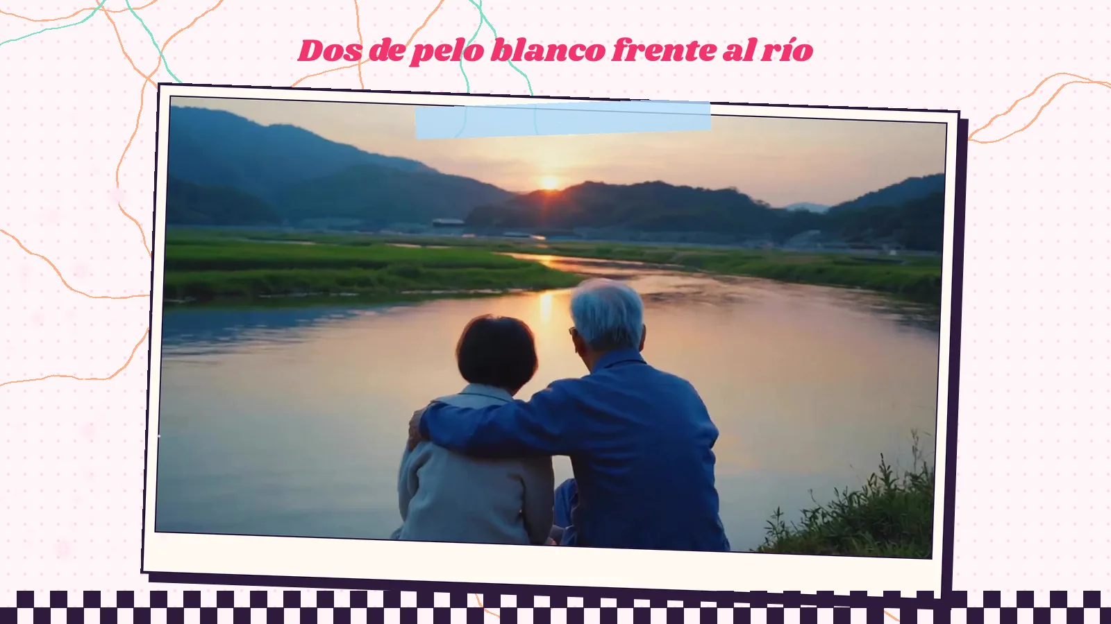 Fotograma del videoclip de «Que isso»: una pareja de pelo blanco, de espaldas y abrazada, mira un río ancho al atardecer con montañas suaves al fondo