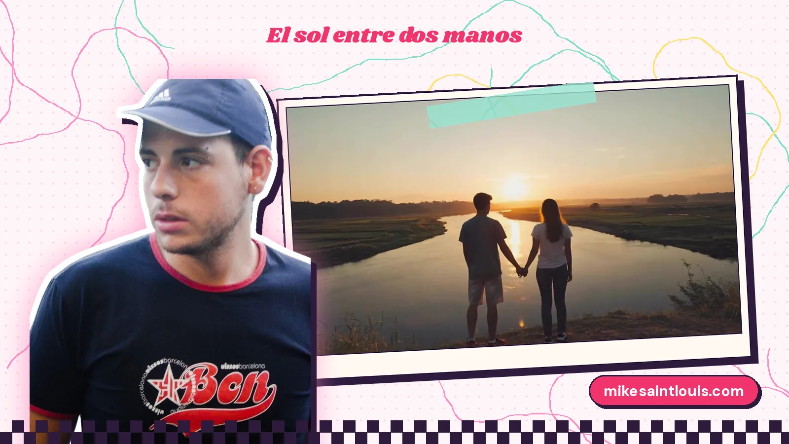 Mike Sain't Louis con gorra y camiseta oscura junto a un fotograma de «Que isso»: dos siluetas de espaldas, cogidas de la mano, frente a un río donde se pone el sol