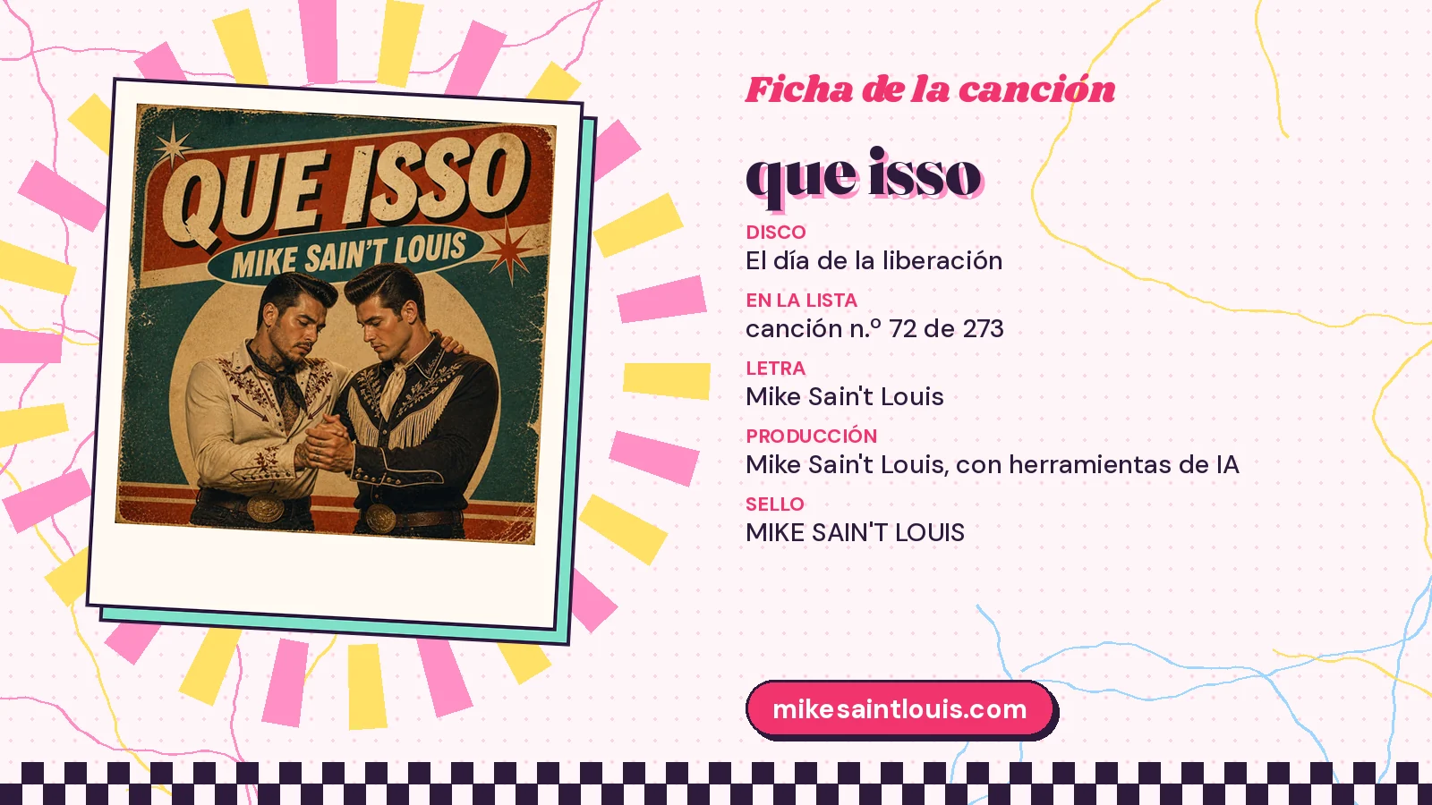 Ficha de la canción «Que isso» con su carátula de dos vaqueros frente con frente: disco «El día de la liberación», canción 72 de 273, letra y producción de Mike Sain't Louis