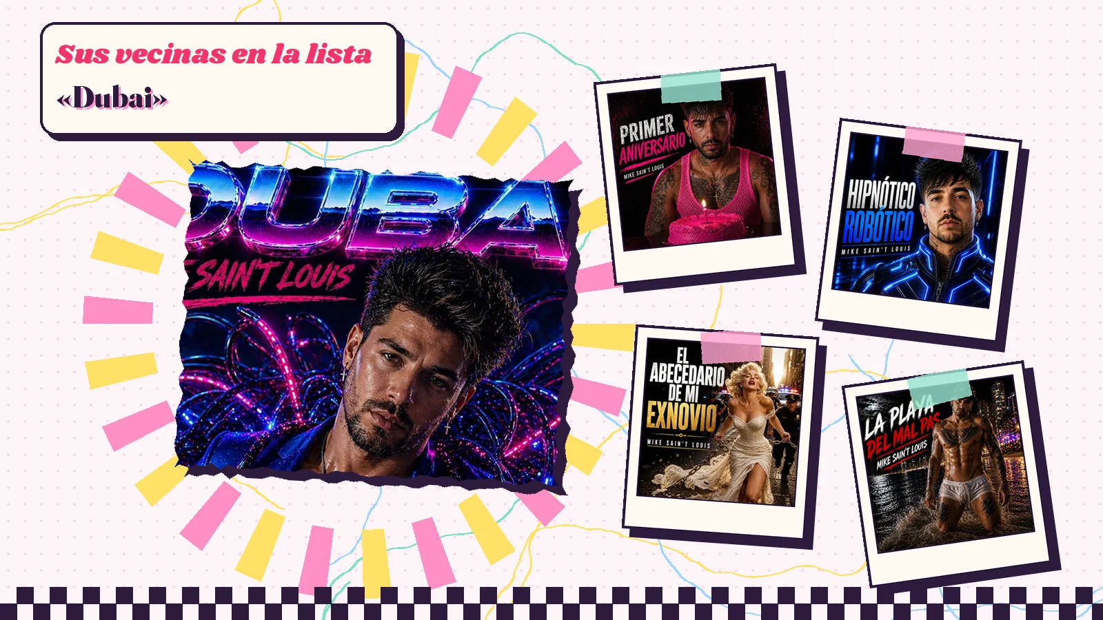 Collage con un detalle de la carátula de «Dubai» y las carátulas de «Primer Aniversario», «Hipnótico Robótico», «El Abecedario de Mi Exnovio», «La Playa del Mal Pas»