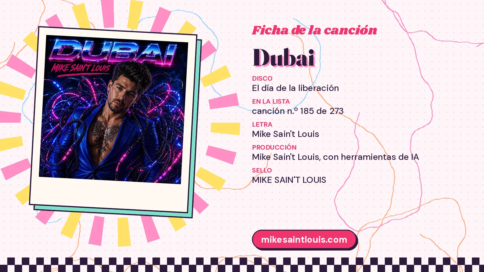 Ficha de la canción «Dubai» con su carátula: disco «El día de la liberación», letra y producción de Mike Sain't Louis