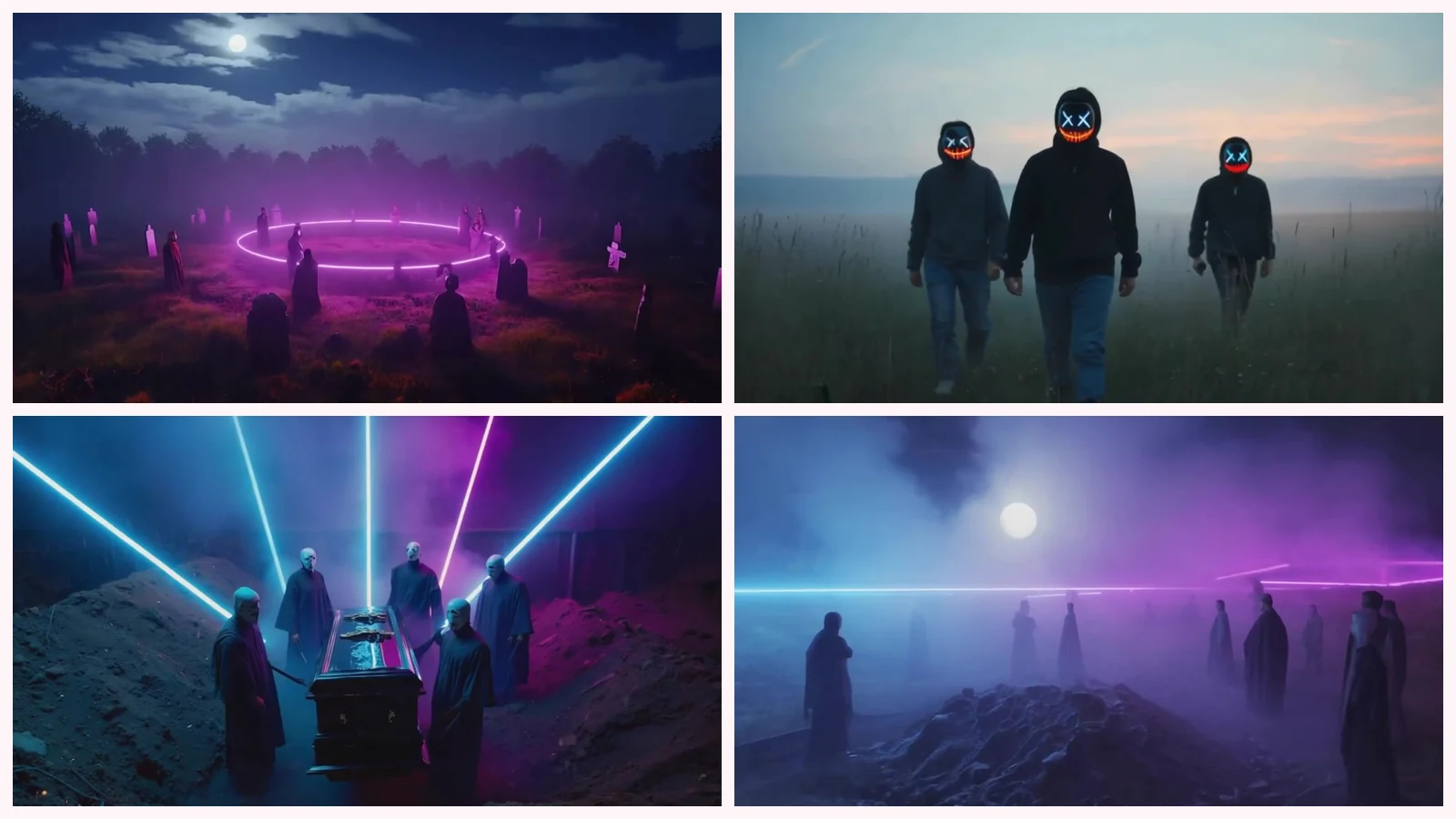 Mosaico de cuatro fotogramas de «Ataúd de neón»: un anillo de neón rosa sobre un cementerio, caretas con ojos de luz en un prado con niebla, láseres azules sobre un ataúd y figuras encapuchadas bajo la luna