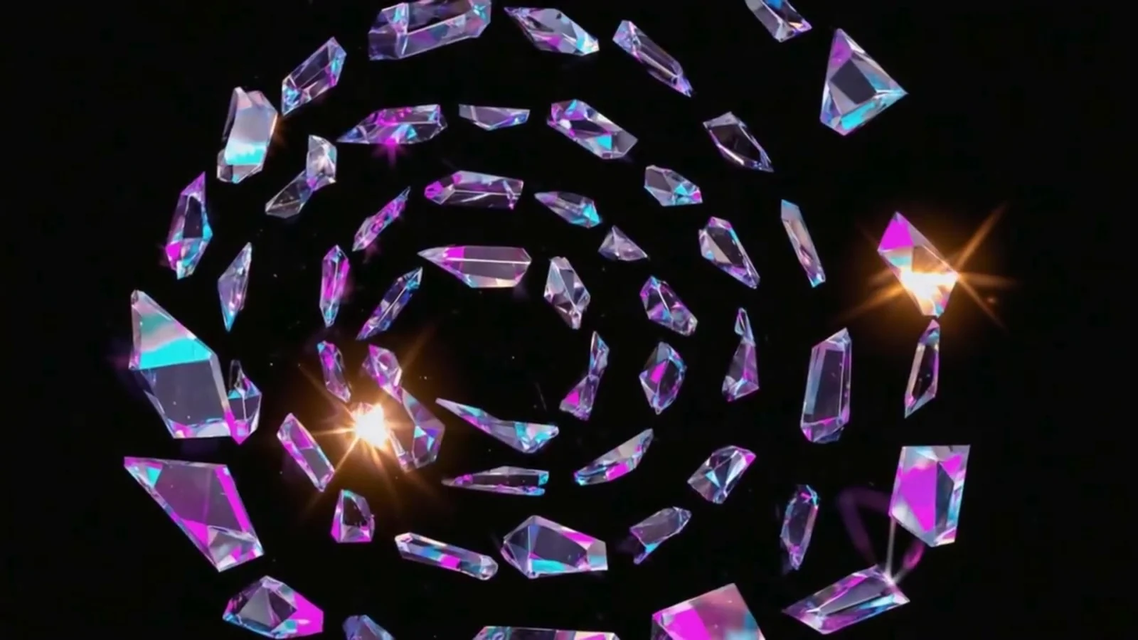 Fotograma del videoclip de «Ataúd de neón»: fragmentos de cristal girando en espiral con destellos dorados sobre fondo negro