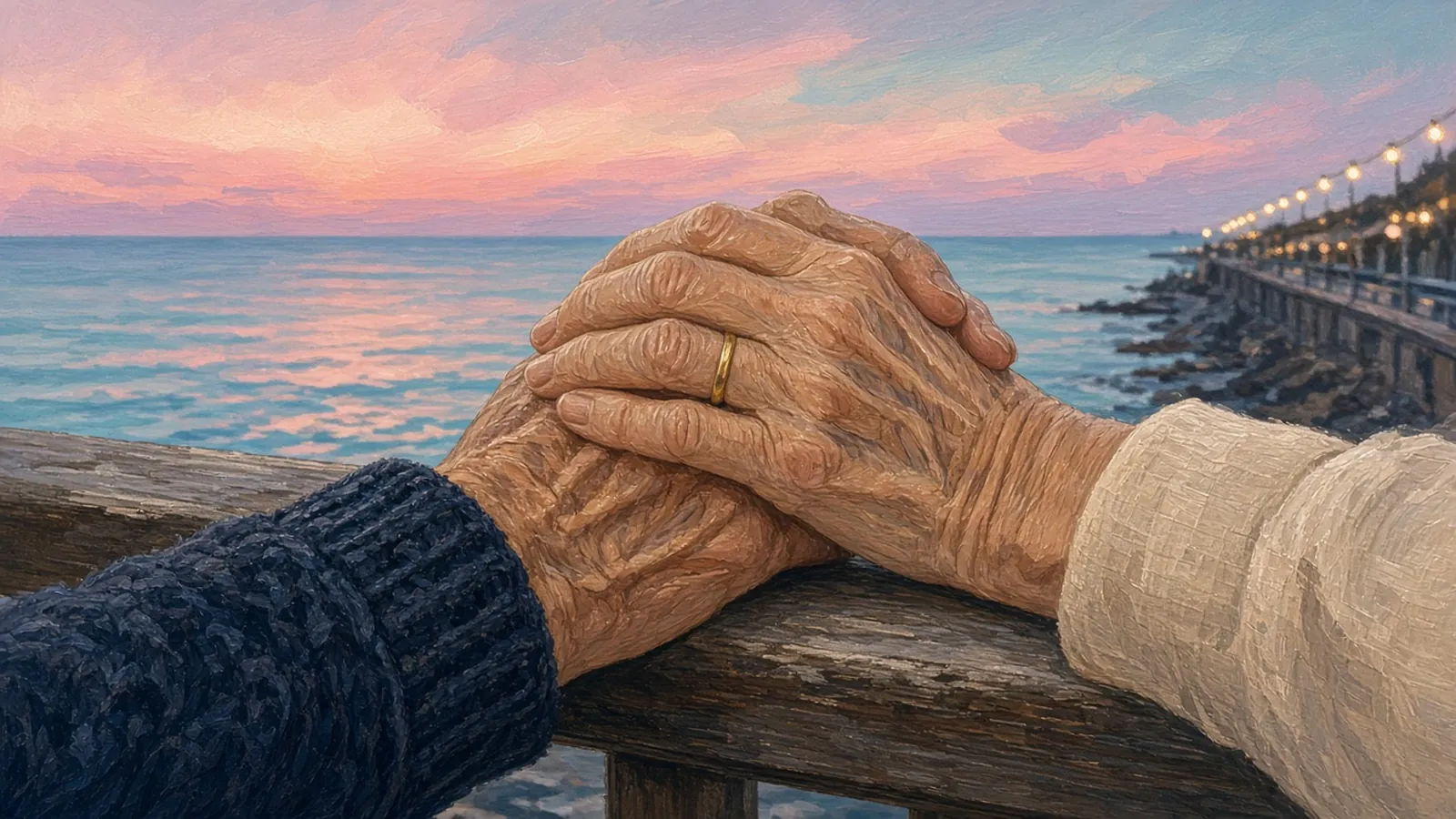 Ilustración pintada de dos manos muy mayores entrelazadas, una con alianza dorada, apoyadas en la barandilla de madera de un paseo marítimo al atardecer, con el cielo rosa y una hilera de bombillas