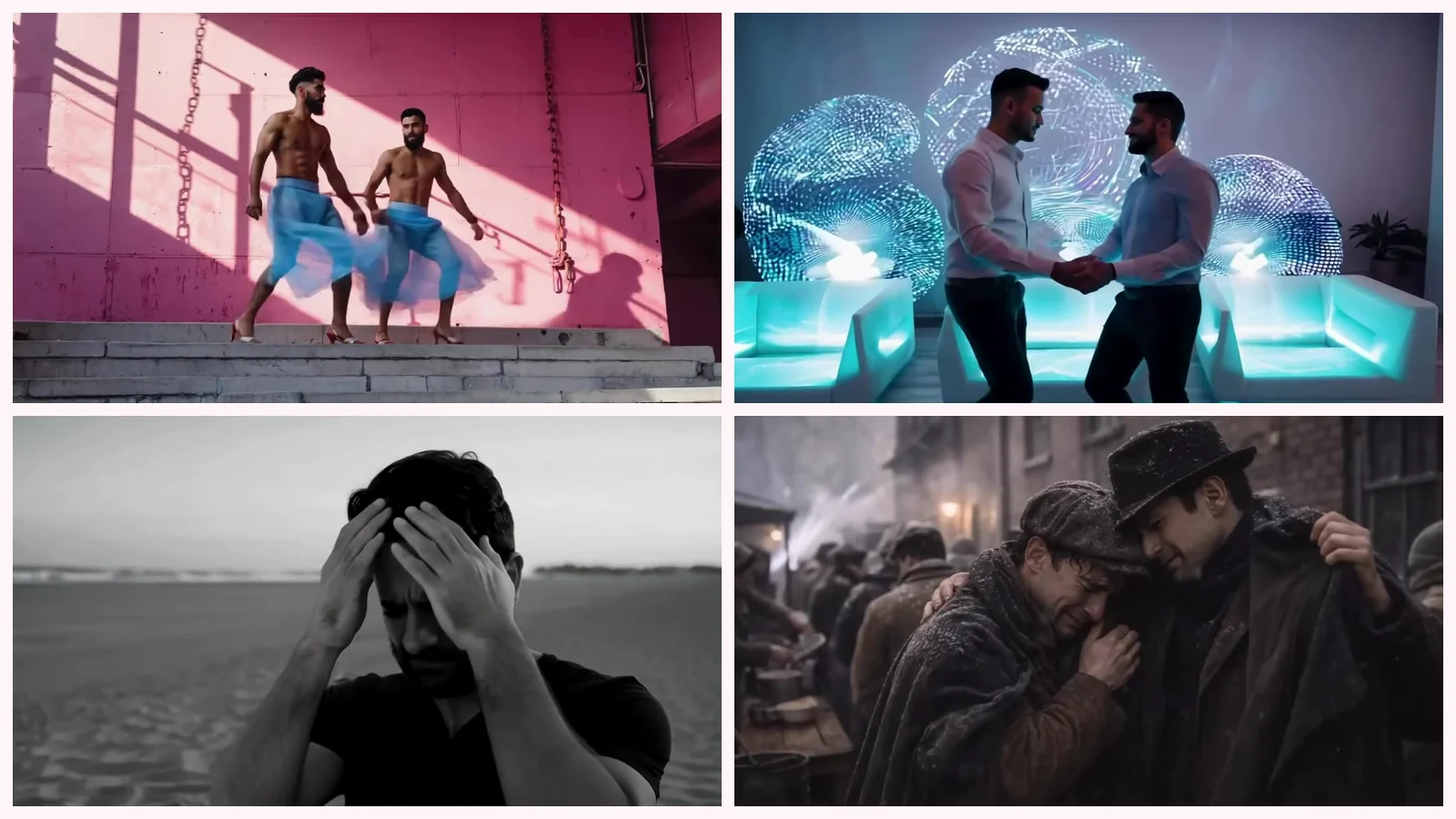 Mosaico de cuatro fotogramas de videoclips de Planeta Gayfolk: dos hombres en tutú azul en un pasillo rosa, dos hombres que se dan la mano entre esferas de luz, un hombre en blanco y negro con las manos en la cabeza en la playa y dos hombres abrazados entre una multitud de los años treinta