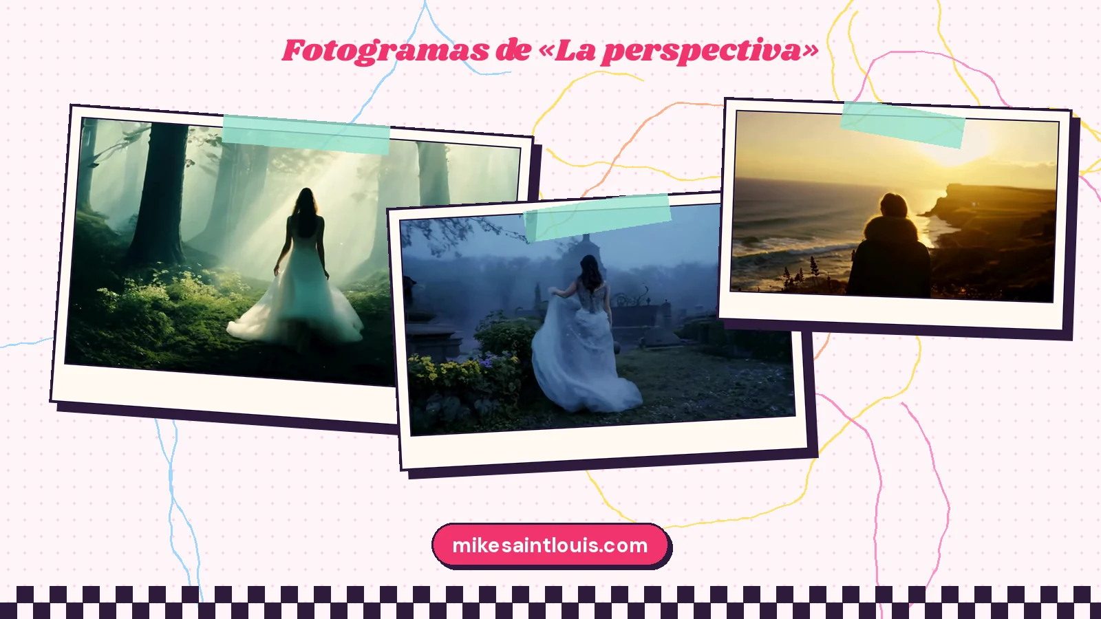 Tres fotogramas del videoclip de «La perspectiva»: una mujer de vestido blanco de espaldas en un bosque con rayos de luz, la misma figura entre setos y faroles de piedra con niebla, y una silueta abrigada mirando el mar desde un acantilado