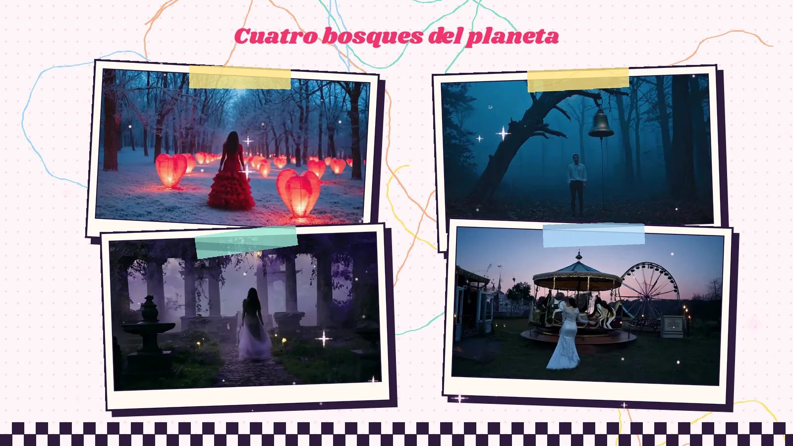 Cuatro bosques de Planeta Gayfolk: una figura de rojo entre árboles nevados con farolillos en forma de corazón, una campana colgada de una rama en un bosque azul, un jardín de columnas en penumbra y un tiovivo junto a una noria al anochecer