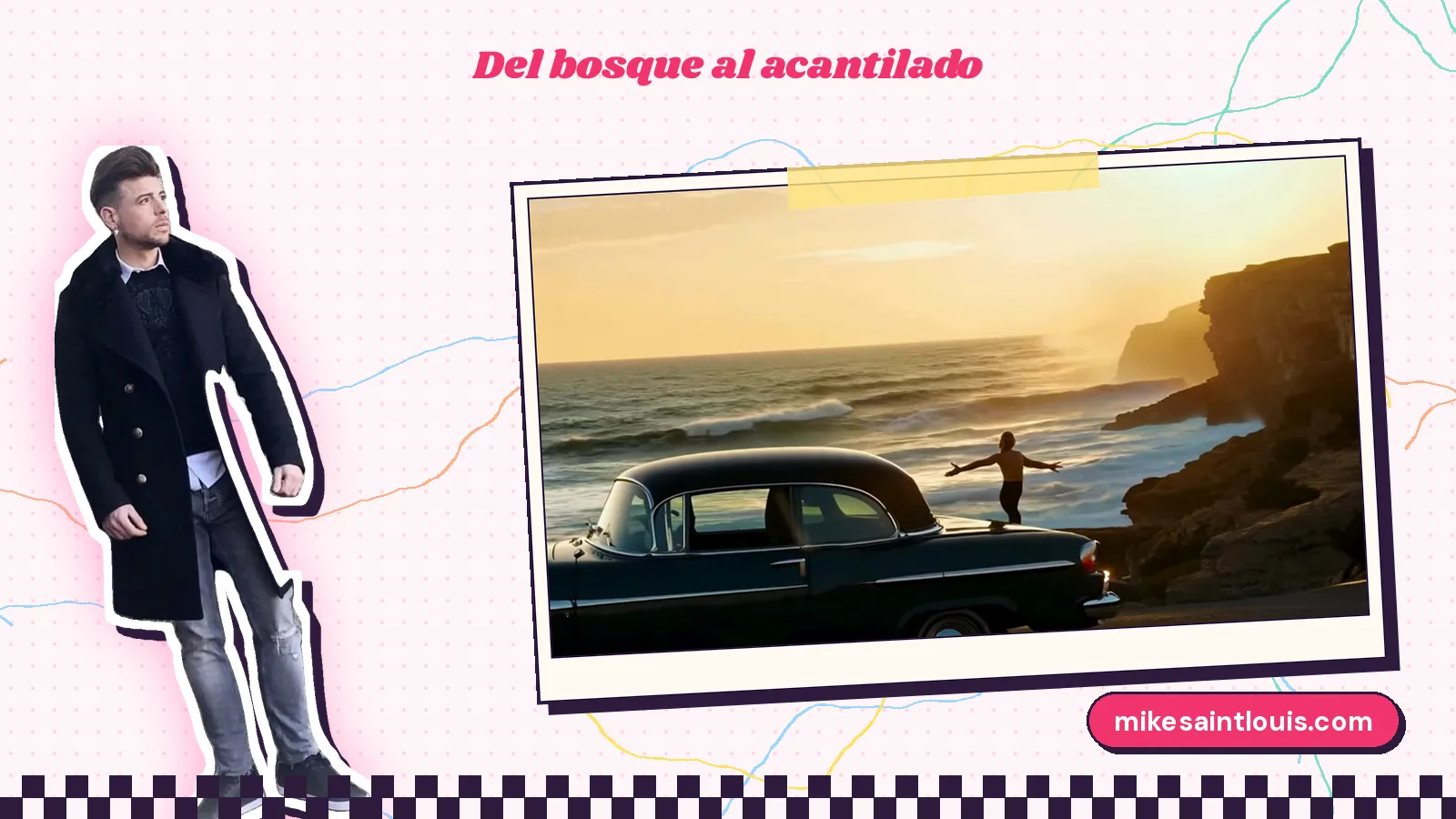 Mike Sain't Louis con abrigo largo oscuro junto a un fotograma de «La perspectiva»: un coche antiguo negro al borde de un acantilado y una figura con los brazos abiertos frente al mar dorado