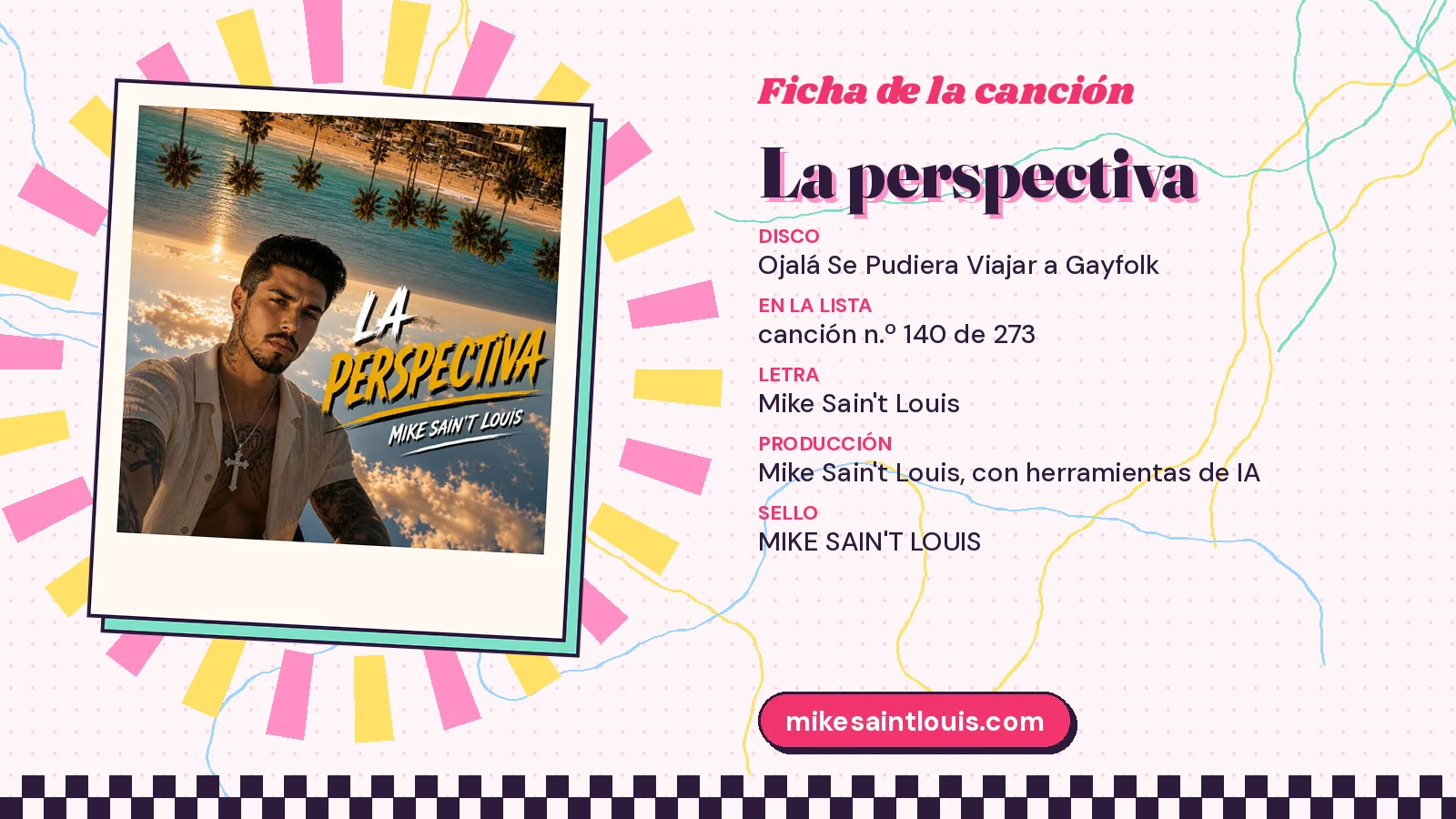 Ficha de la canción «La perspectiva» con su carátula de una playa del revés: disco «Ojalá se pudiera viajar a Gayfolk», canción 140 de 273, letra y producción de Mike Sain't Louis