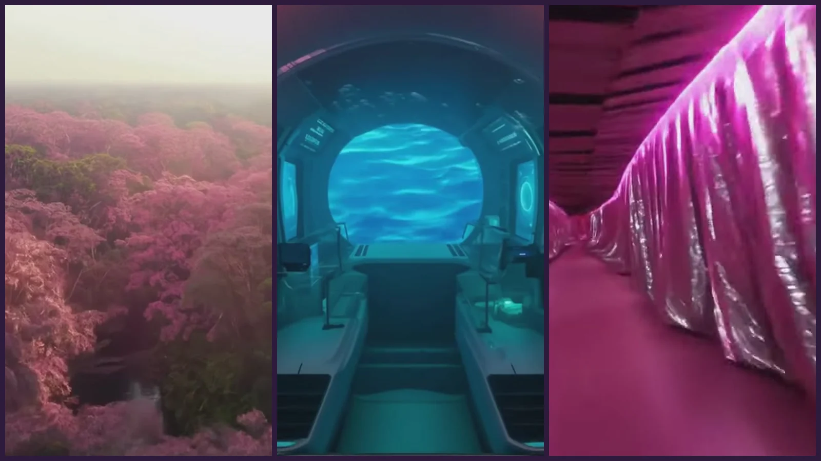 Tira de tres fotogramas del videoclip de «Ya no te quiero», sin personas: un bosque de árboles rosas visto desde el aire al amanecer, una cabina vacía de techo rosa con una ventana redonda al mar y un túnel de pliegues de papel de plata