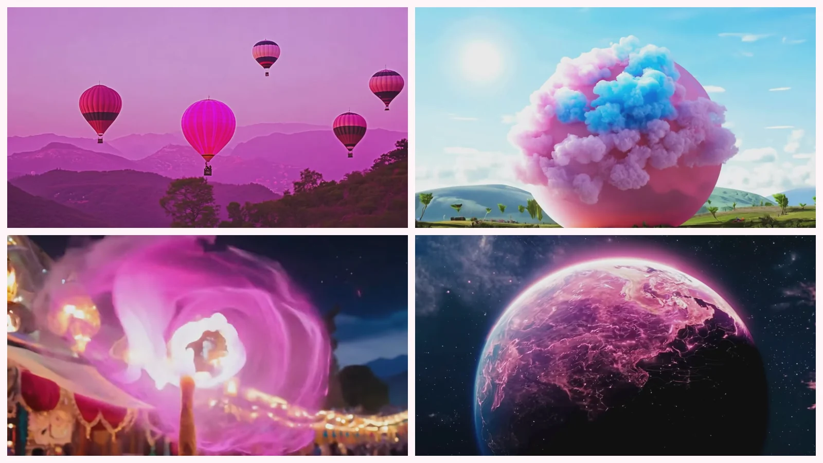 Mosaico de cuatro fotogramas del videoclip de «Ya no te quiero»: globos aerostáticos sobre montañas moradas, una bola de nubes rosas y azules sobre colinas verdes, un remolino de luz rosa sobre una feria de noche y un planeta rosa en el espacio