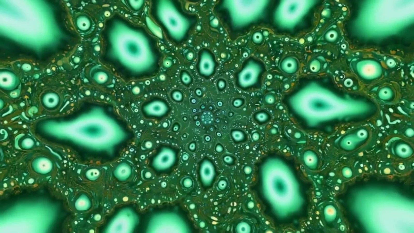 Fotograma del videoclip de «Ataúd de neón»: un mar de manchas verdes brillantes rodeadas de puntos y burbujas que se repiten como un fractal