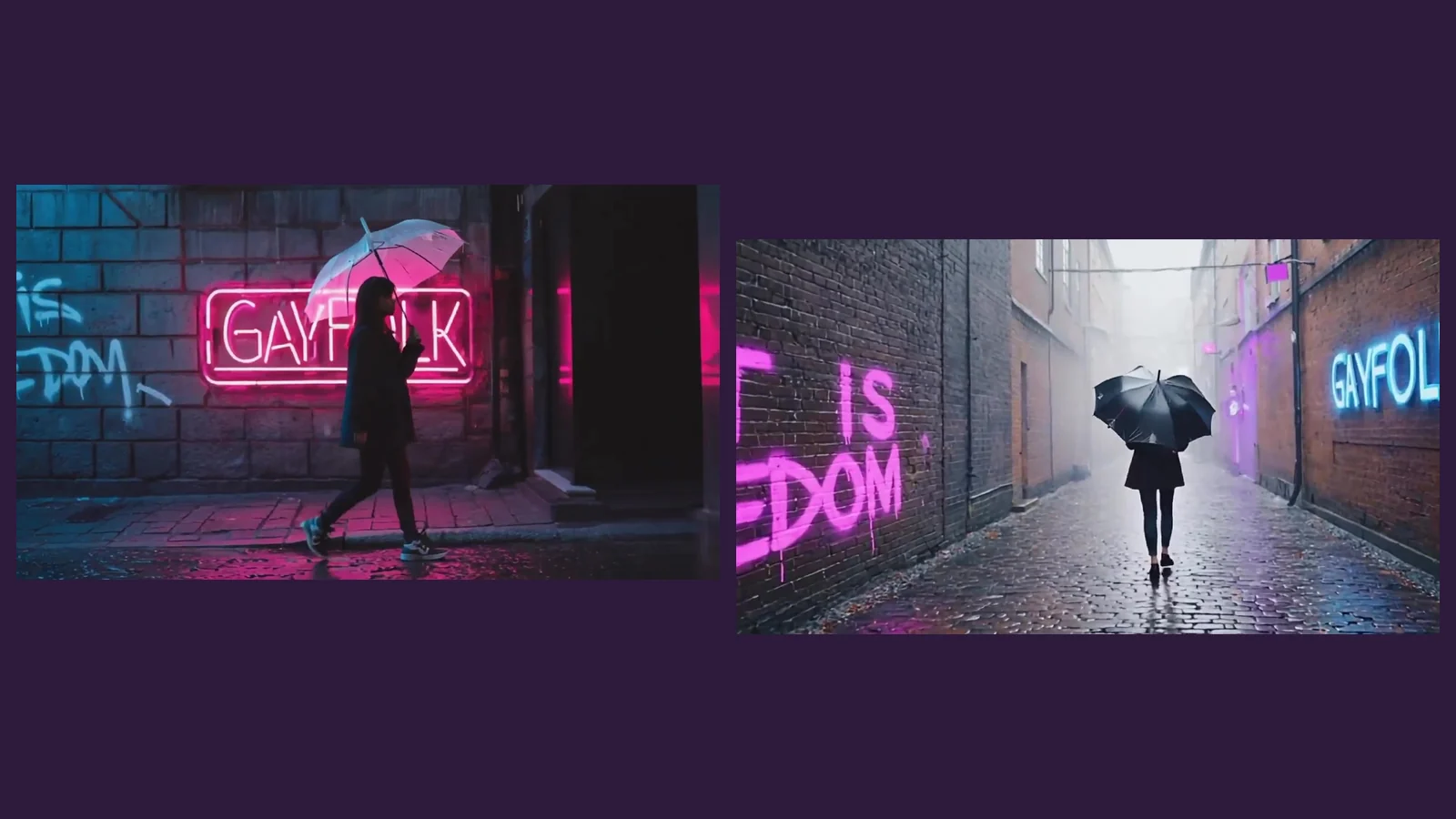 Dos fotogramas del videoclip de «Esta canción es una mierda»: una figura con paraguas transparente pasa ante un neón rosa que dice GAYFOLK y una chica con paraguas negro camina por un callejón con grafitis de ART IS FREEDOM