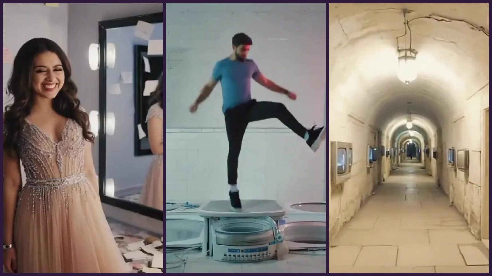Tira de tres fotogramas del videoclip de «Esta canción es una mierda»: una chica con vestido de tul en un camerino lleno de notas, un chico que salta en una sala blanca y un pasillo abovedado con televisores antiguos
