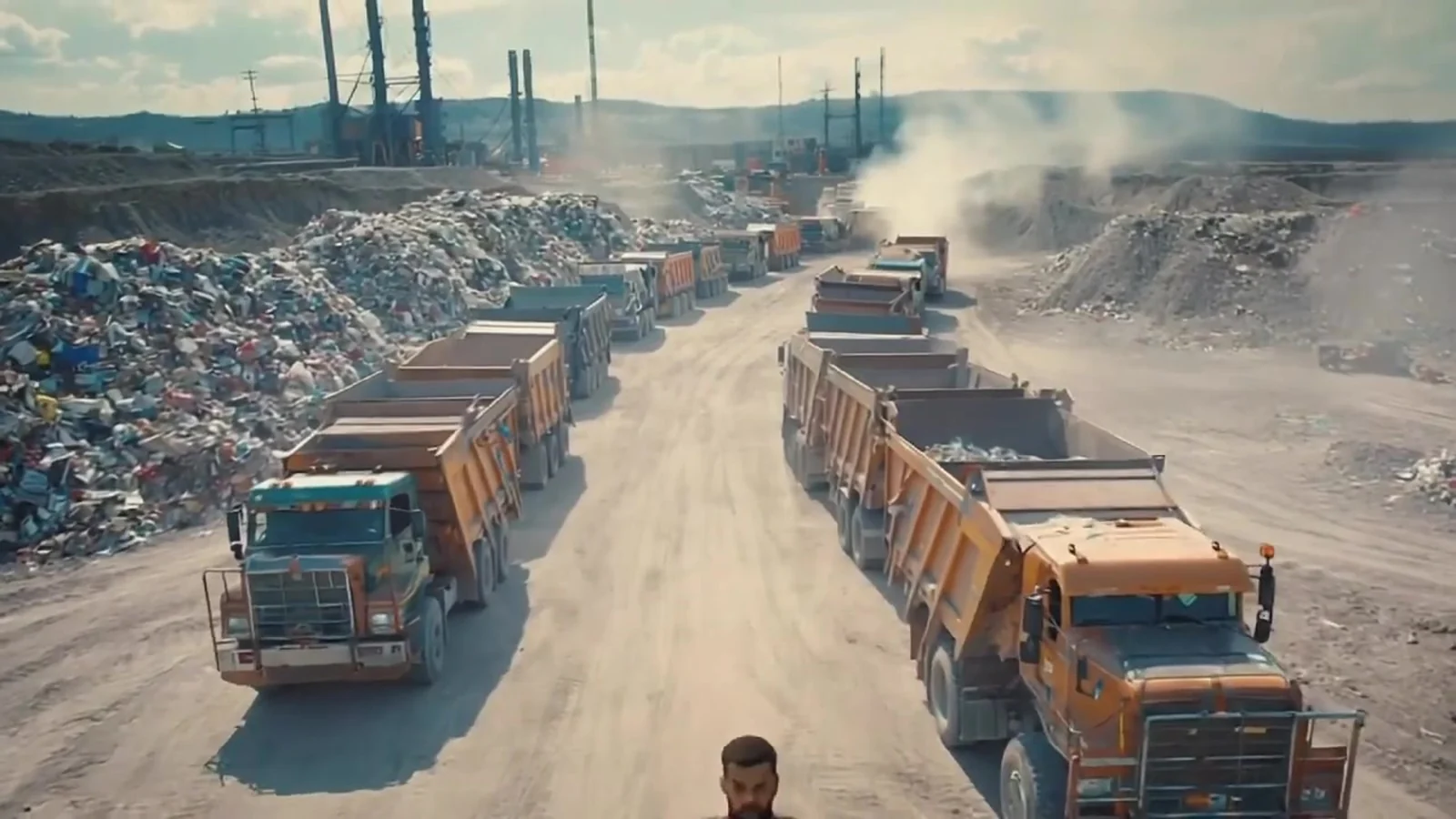 Fotograma del videoclip de «En el basurero»: una fila de camiones de carga oxidados avanza por un camino de tierra entre dos montañas de restos levantando polvo