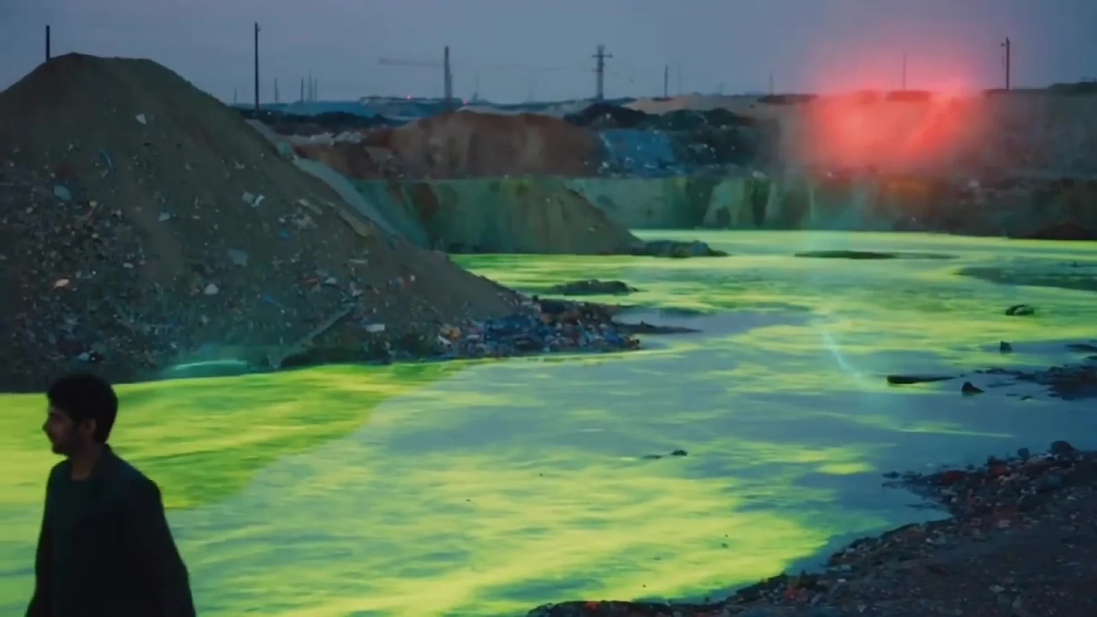 Fotograma del videoclip de «En el basurero»: una figura de espaldas mira un río verde fosforito junto a una montaña de grava con una luz roja al fondo