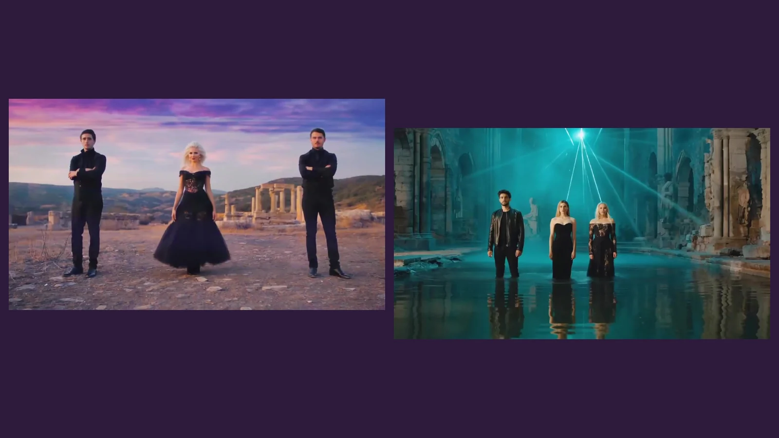 Dos fotogramas del videoclip de «Beats Drop Time Stops»: tres figuras de negro en un desierto al atardecer junto a unas columnas en ruinas, y las mismas tres de pie en una nave de piedra inundada bajo láseres turquesa