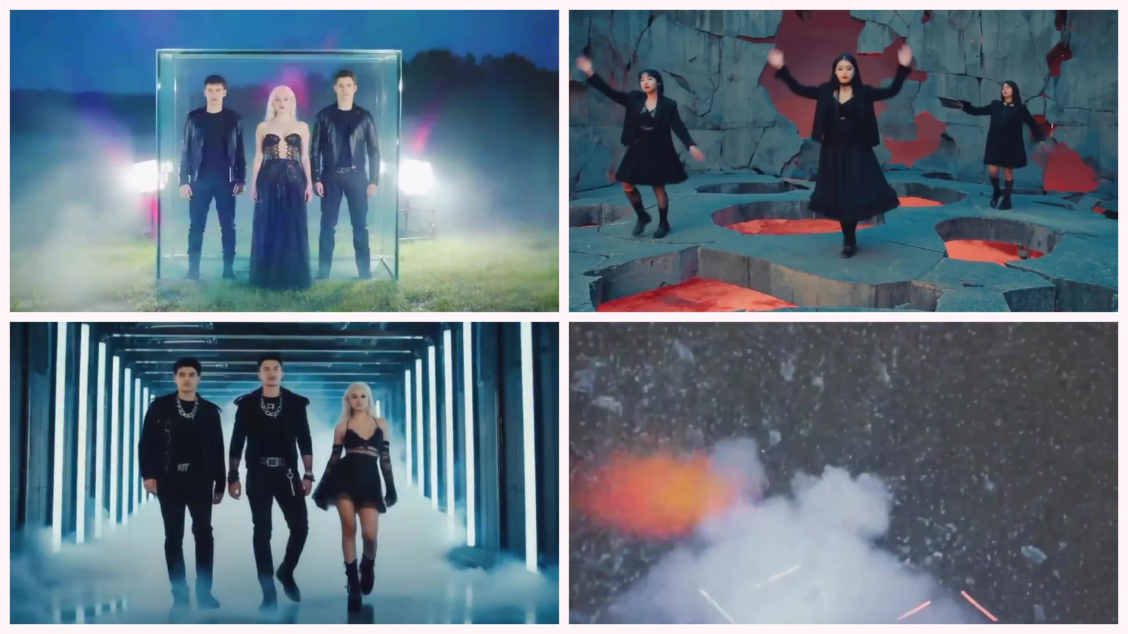 Mosaico de cuatro fotogramas del videoclip de «Beats Drop Time Stops»: un cubo de cristal con tres figuras sobre un prado con niebla, un suelo de piedra agrietado con agujeros de lava, un pasillo de columnas de luz blanca y una nube de humo con un fogonazo naranja